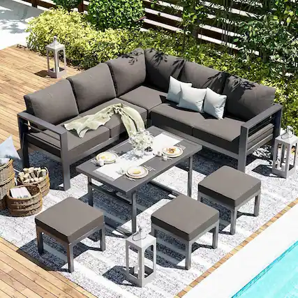 Front. Mondawe - 7-Piece Aluminum Corner Seating Set with Adjustable Lift Table and Cushions - Dark Grey.