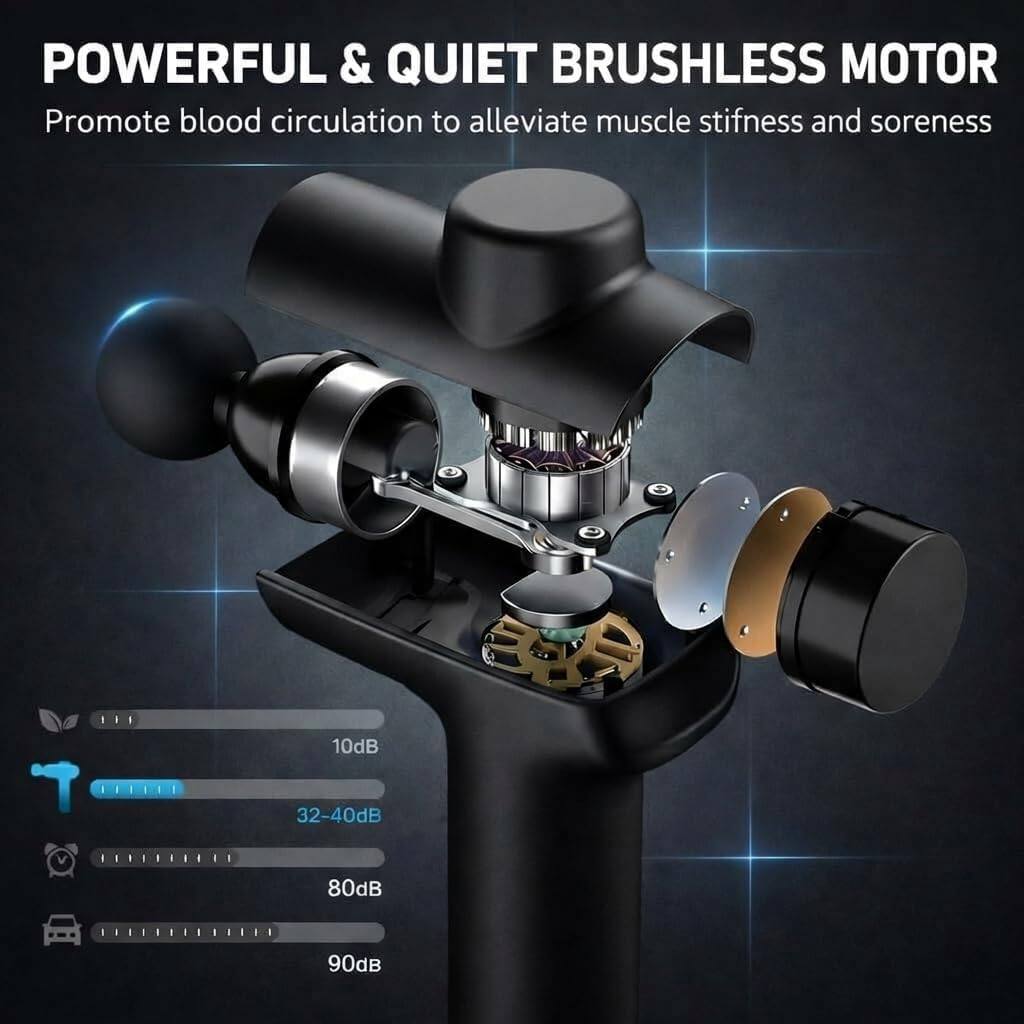 POWERFUL & QUIET BRUSHLESS MOTOR  
Promote blood circulation to alleviate muscle stiffness and soreness  

10dB  
32-40dB  
80dB  
90dB