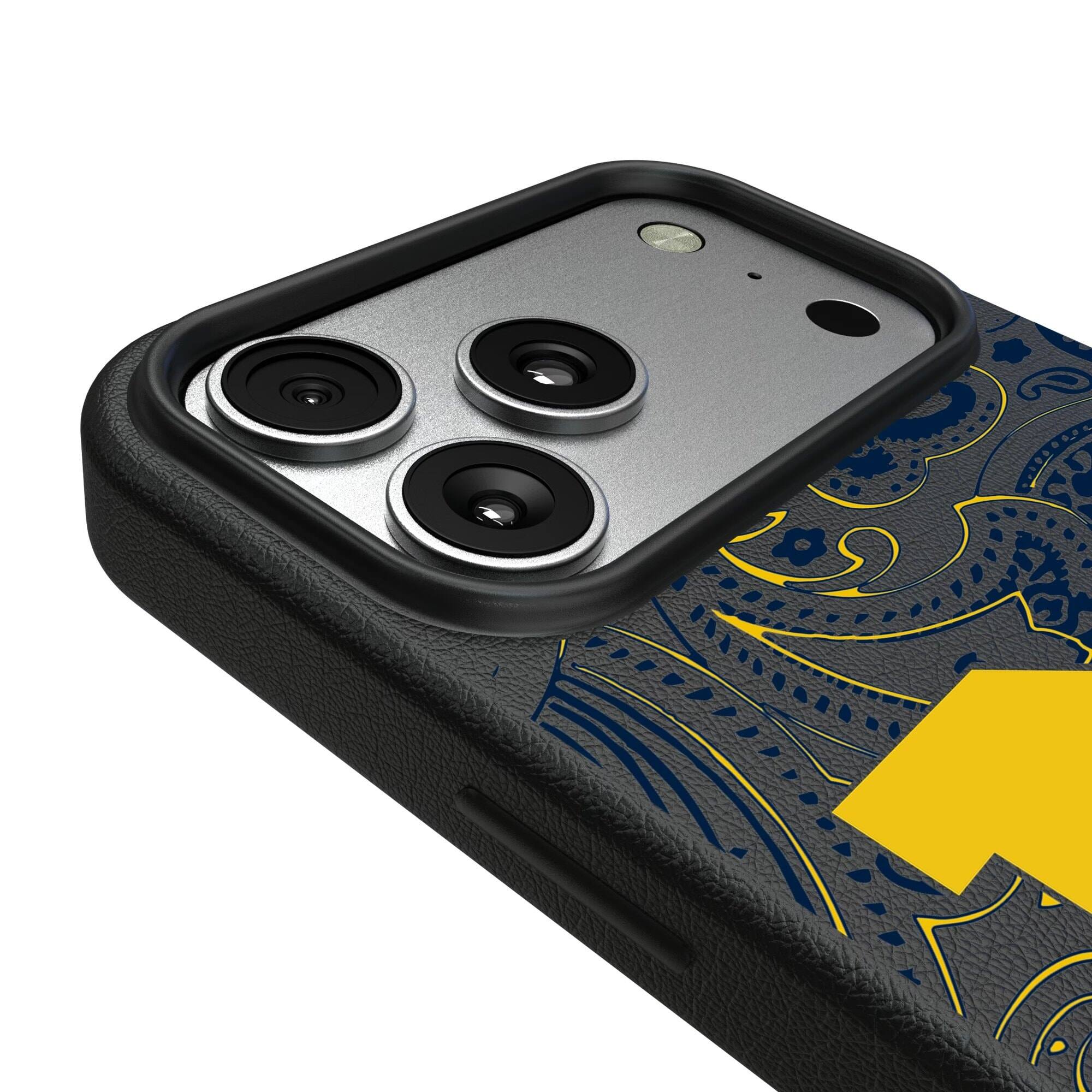 Alt View 2. Keyscaper - Michigan Wolverines Paisley iPhone Magnetic Bump Case - 15 Pro Max - Black.