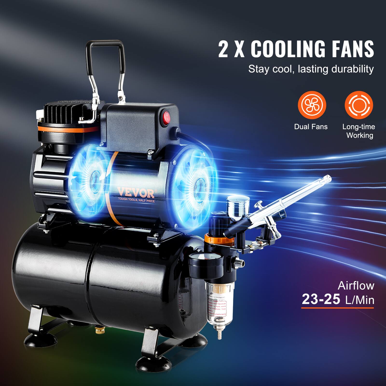 2 X COOLING FANS  
Stay cool, lasting durability  
Dual Fans  
Long-time Working  
Airflow 23-25 L/Min