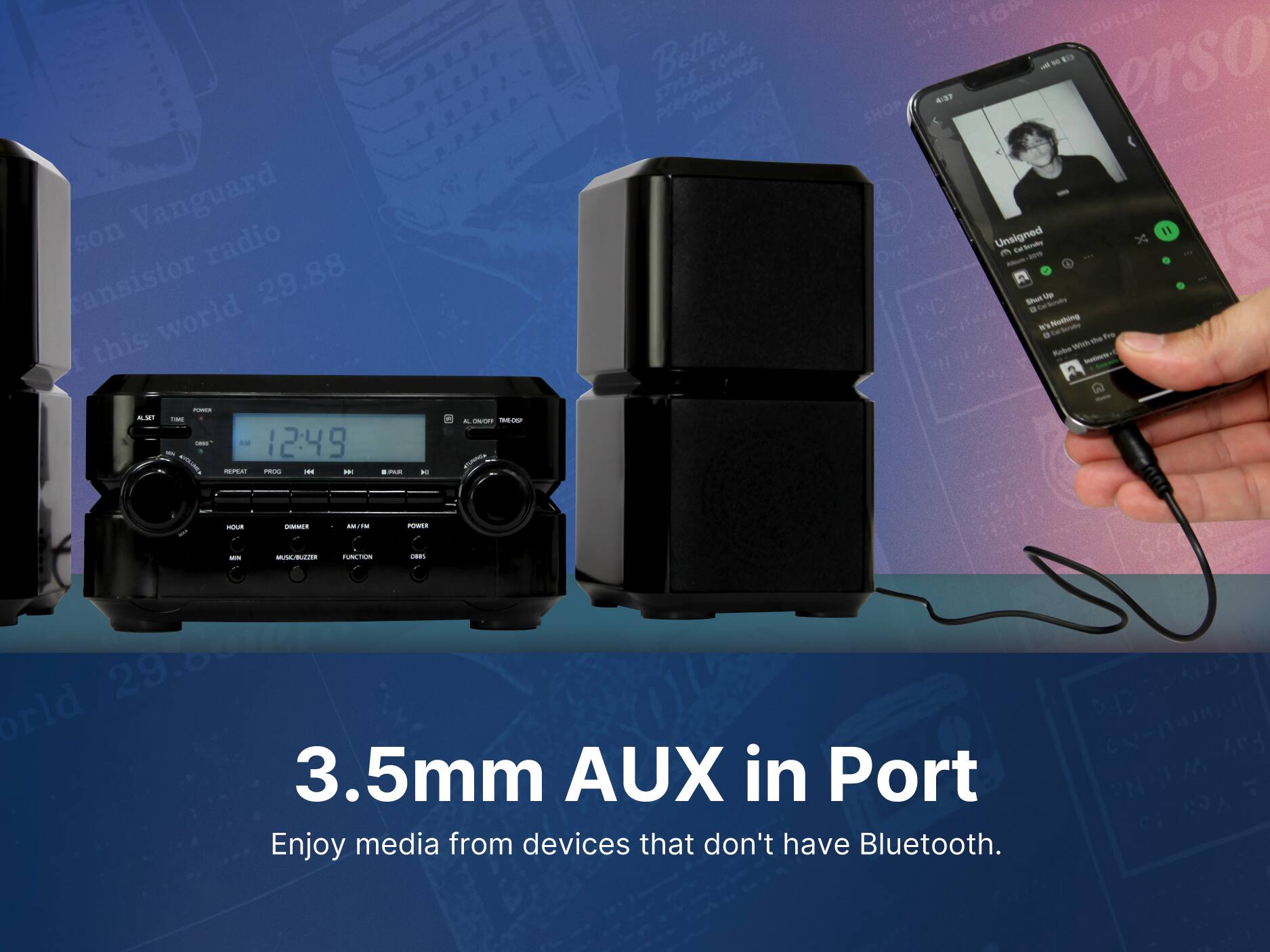 Emerson Vanguard transistor radio this world 29.88

3.5mm AUX in Port
Enjoy media from devices that don't have Bluetooth.