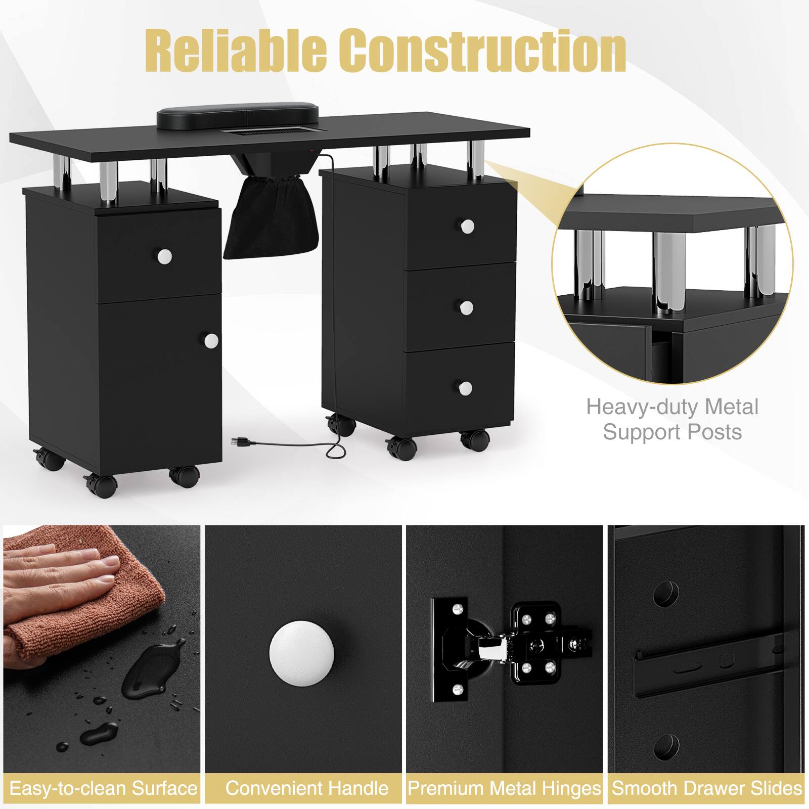 Reliable Construction

Heavy-duty Metal Support Posts

Easy-to-clean Surface

Convenient Handle

Premium Metal Hinges

Smooth Drawer Slides