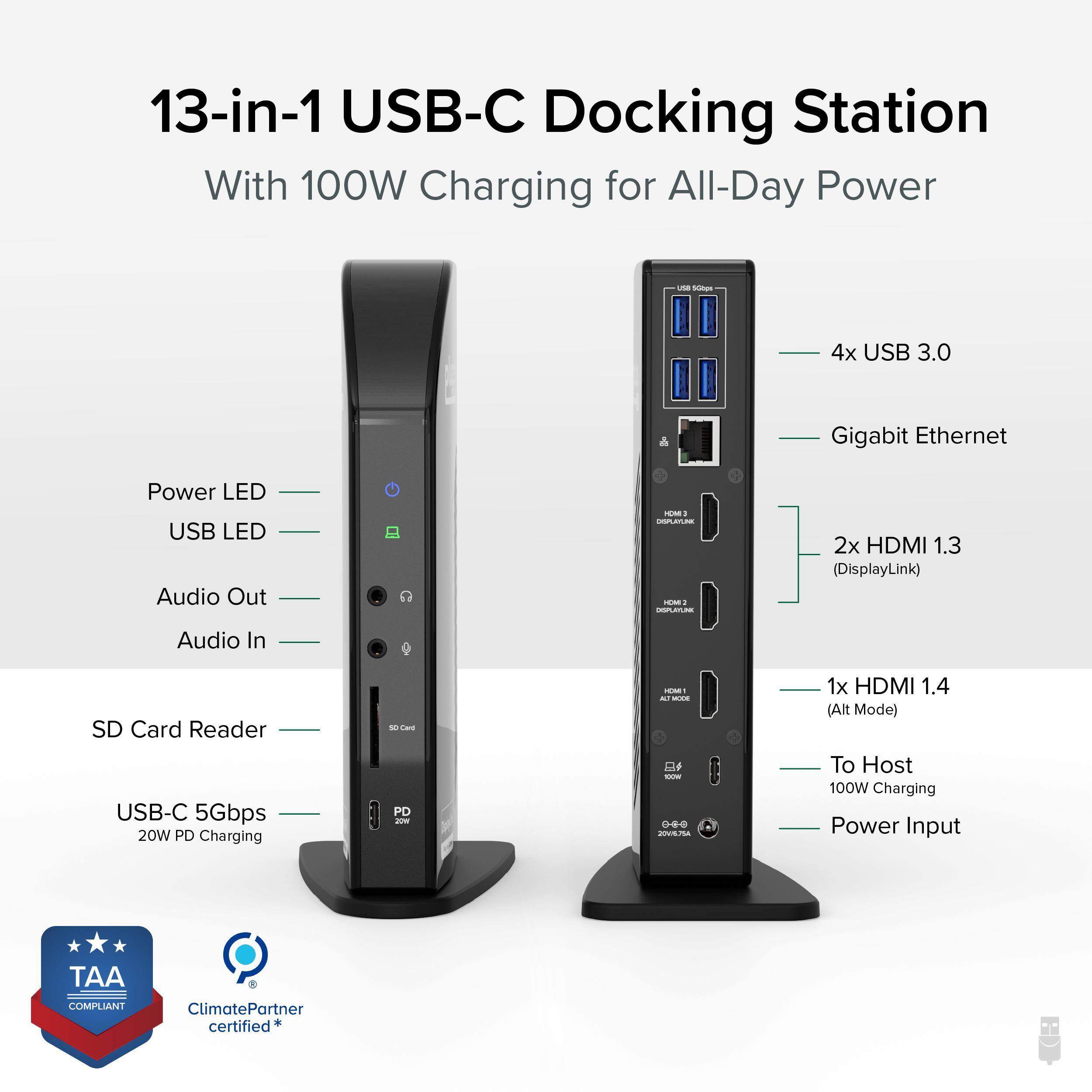 13-in-1 USB-C Docking Station With 100W Charging for All-Day Power - 4x USB 3.0 & Gigabit Ethernet - Power LED - USB LED - Audio Out - Audio In - SD Card Reader - USB-C 5Gbps 20W PD Charging - 2x HDMI 1.3 (DisplayLink) - 1x HDMI 1.4 (Alt Mode) - To Host 100W Charging - Power Input - TAA COMPLIANT - ClimatePartner certified*
