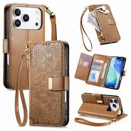 Dteck - Shockproof Floral Embossed Leather Zipper Cash Slot Wallet Case for iPhone 18 Pro Max with Detachable Strap - Brown