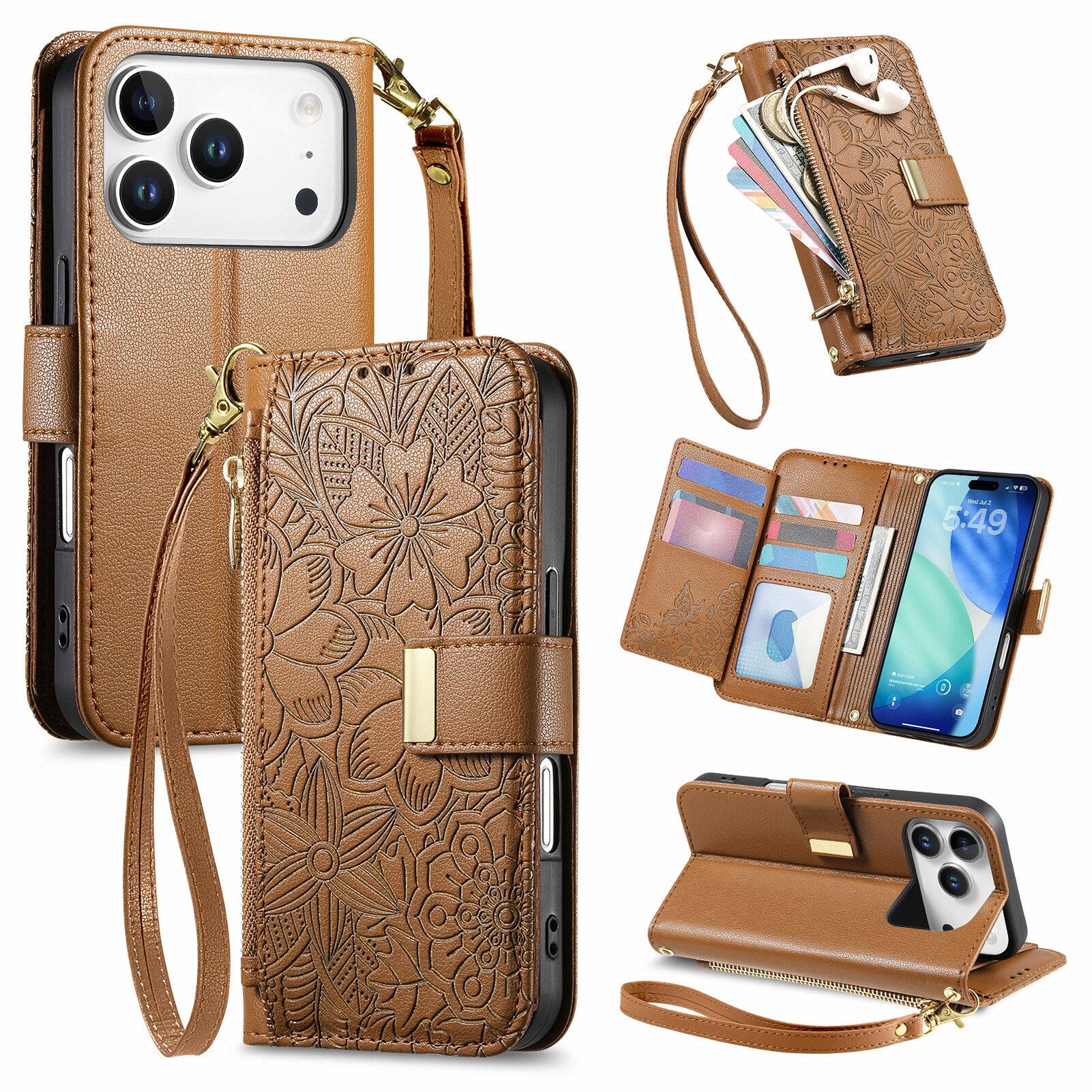 Angle. Dteck - Floral Embossed Leather Zipper Cash Slot Wallet Case for Apple iPhone 17 Pro Max with Detachable Strap - Brown.