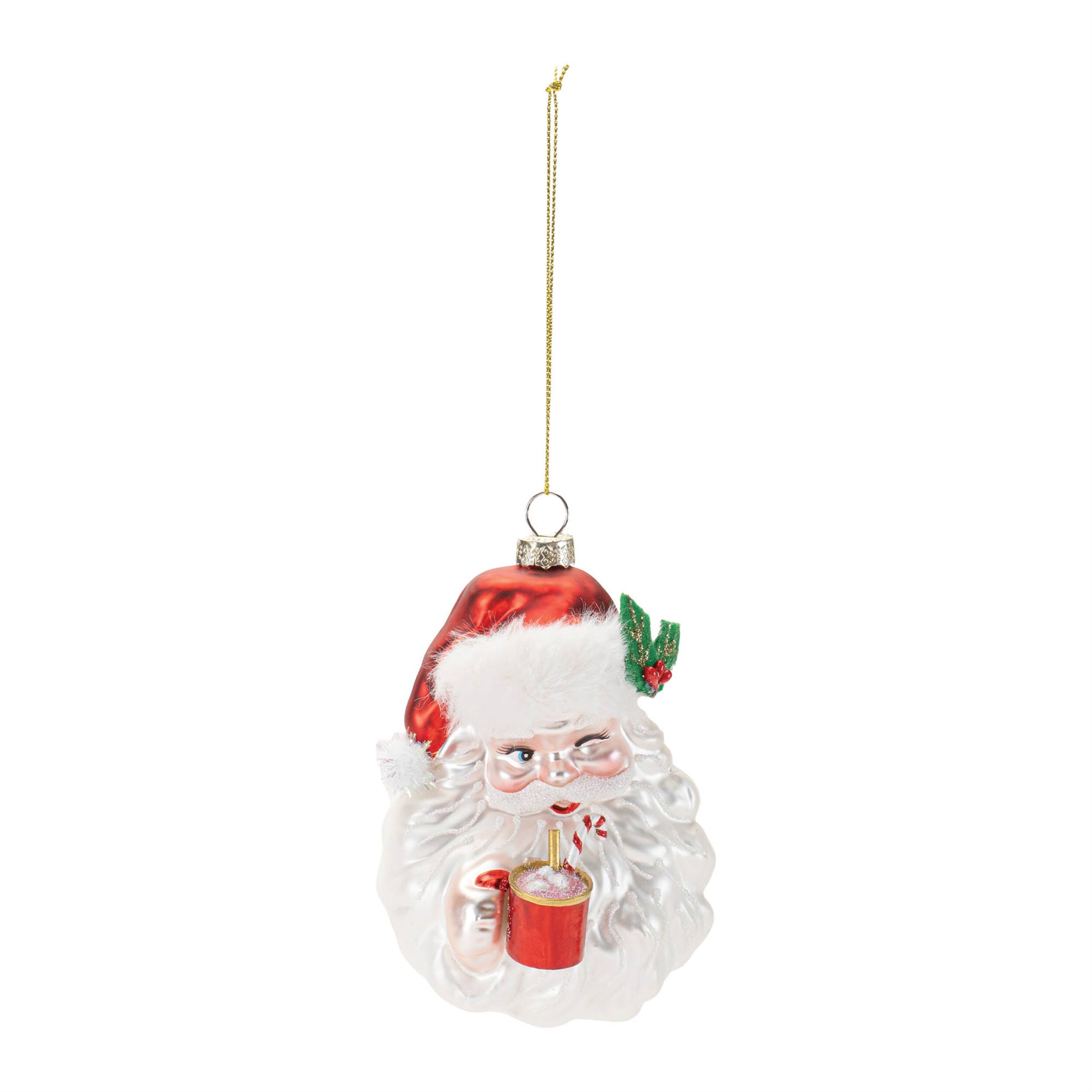 Left. BreeBe - Glass Santa with Hot Cocoa Ornament (Set of 6) - White, Red.