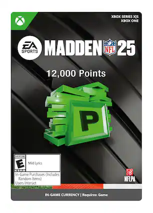 XBOX SERIES X|S EA MADDEN 25 SPORTS NFL 12,000 Points EVERYONE E Mild Lyrics ESRB In-Game Purchases (Includes Random Items) Users Interact NFLPA IN-GAME CURRENCY I Requires: Game