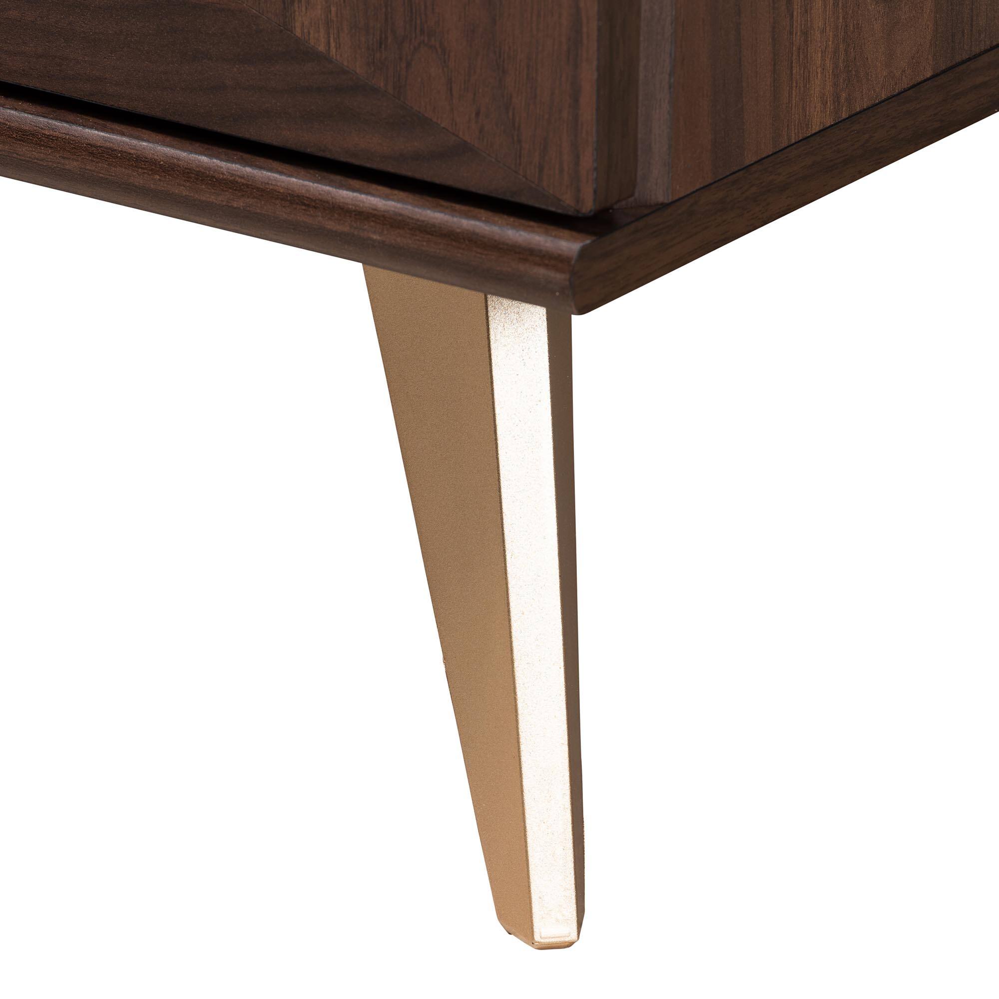 Alt View 2. Baxton Studio - Graceland Mid-Century Modern Transitional Finished Wood 2-Drawer Nightstand - Walnut Brown/Gold.