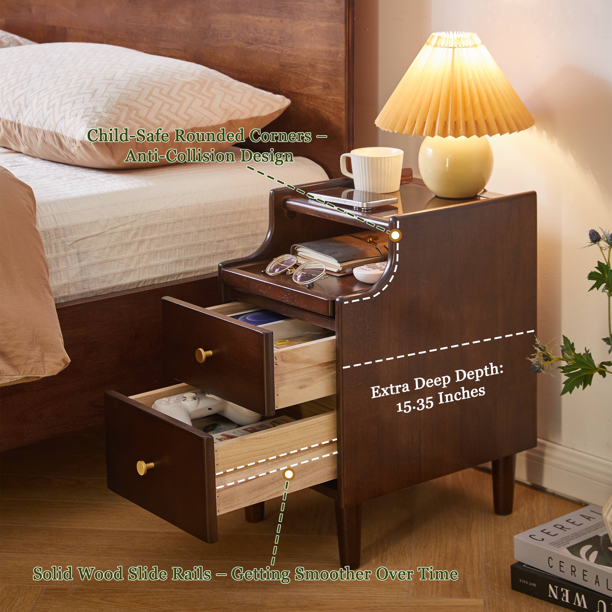 Child-Safe Rounded Corners - Anti-Collision Design

Extra Deep Depth: 15.35 Inches

Solid Wood Slide Rails - Getting Smoother Over Time