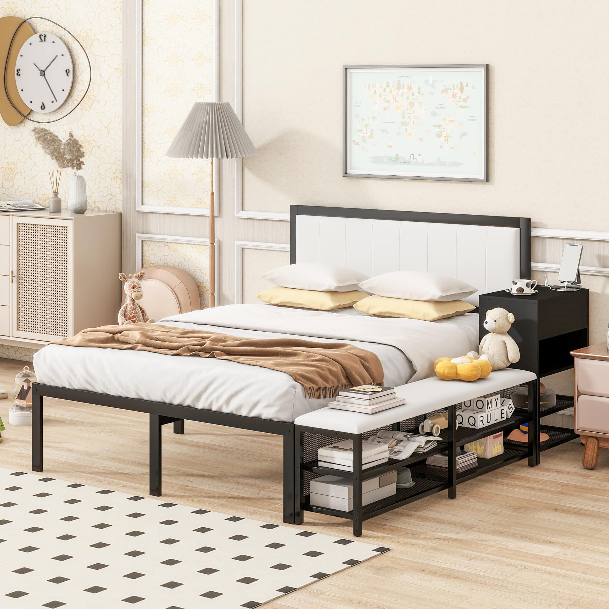 Tiramisubest - Full size Metal Platform Bed with Two-Tier Storage Shelves, Wooden Storage Cabinet, Black - Black