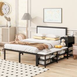 Tiramisubest - Full size Metal Platform Bed with Two-Tier Storage Shelves, Wooden Storage Cabinet, Black - Black