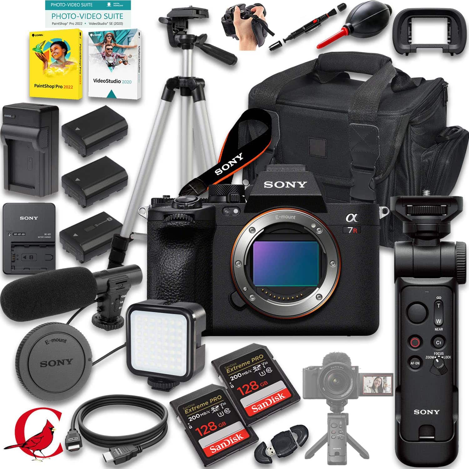 Bundle - a7R V Mirrorless Camera + Sony GP-VPT3 Wireless Shooting Grip + 256 GB Memory Card+ 2pc Extra Battery + More (28pc - Black