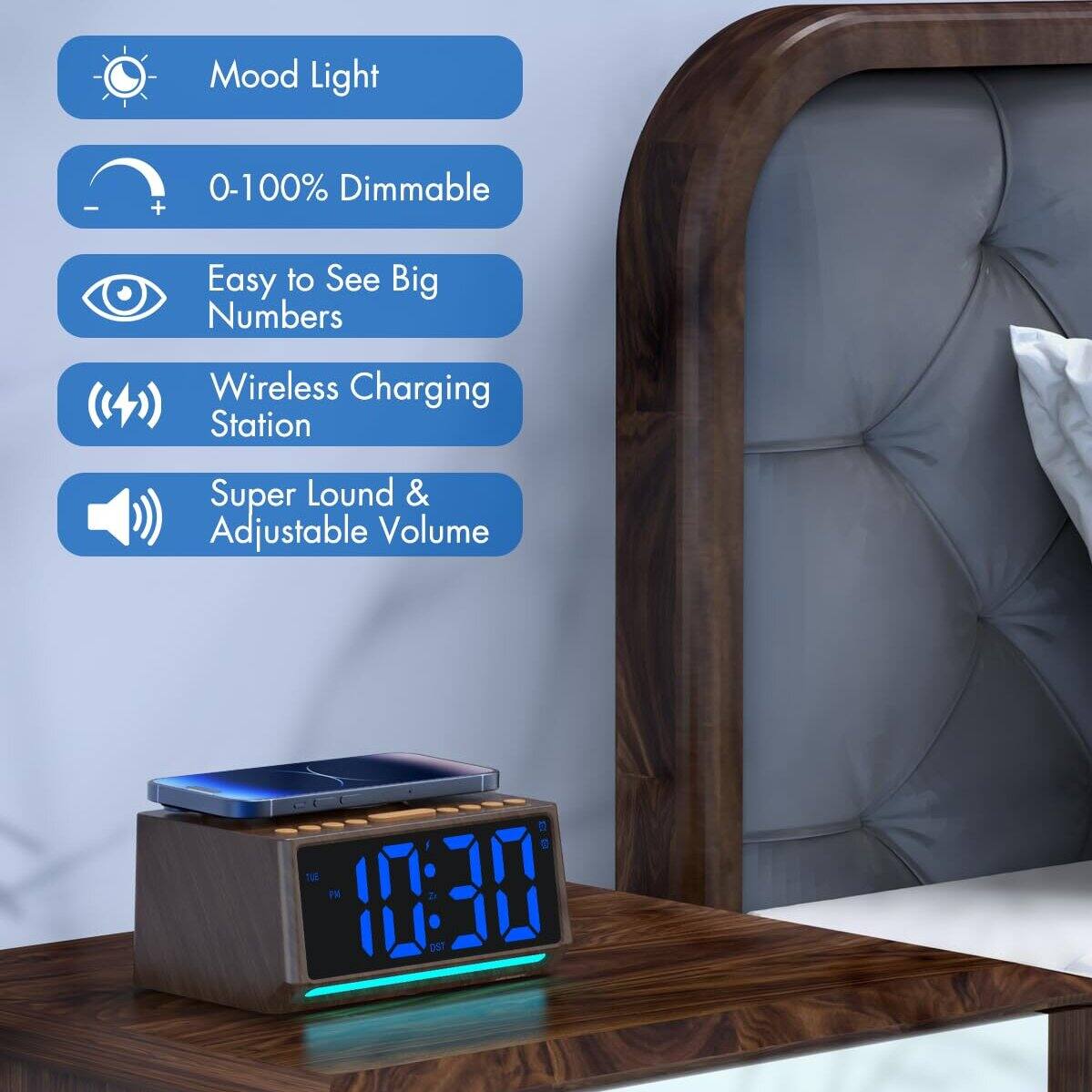 Mood Light  
0-100% Dimmable  
Easy to See Big Numbers  
Wireless Charging Station  
Super Loud & Adjustable Volume