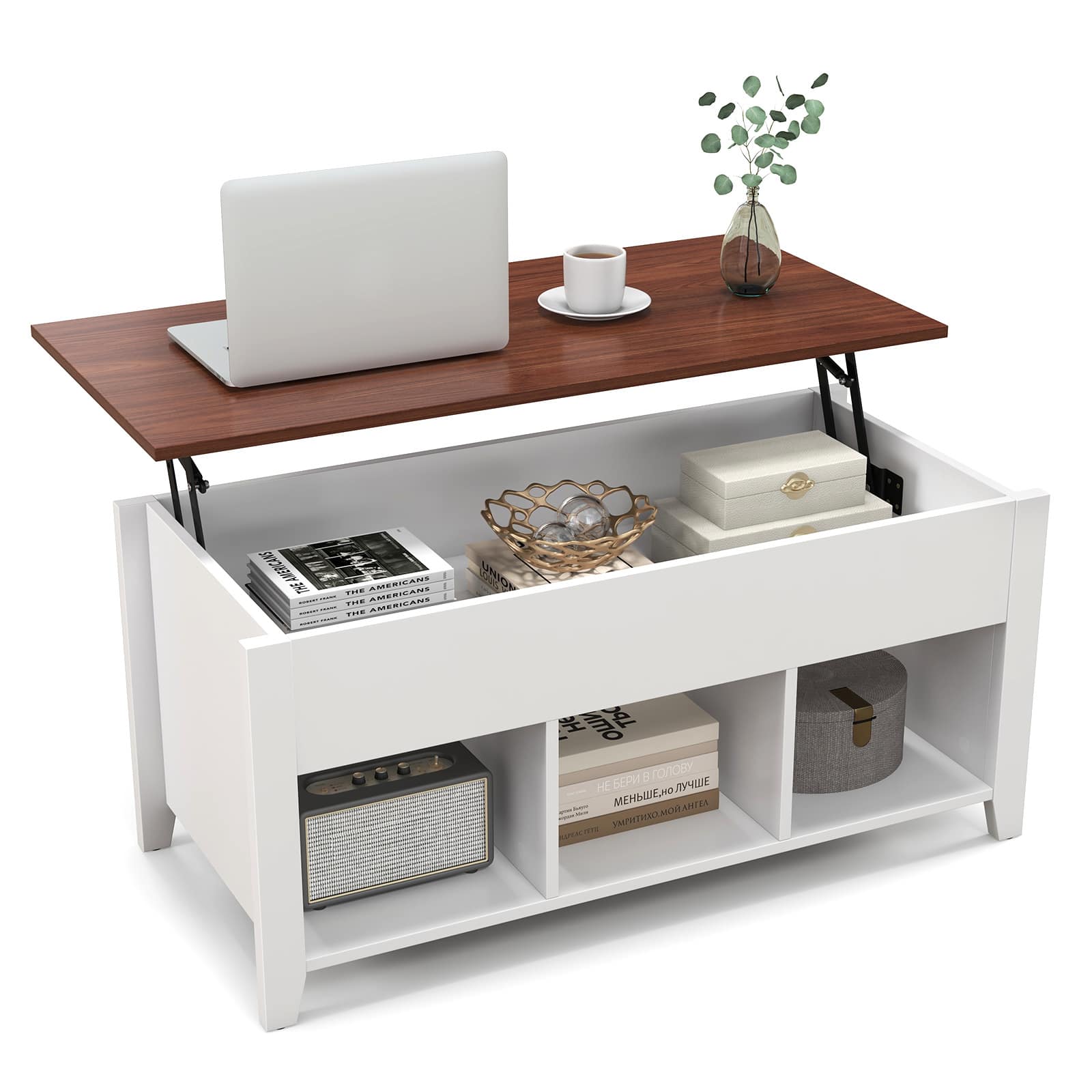 The image features a white desk with a laptop, a coffee cup, and a potted plant. The desk also has a wooden shelf with various items on it, including a box of tissues, a book, and a vase. The scene is organized and well-maintained, creating a pleasant workspace.