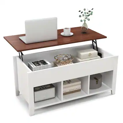 The image features a white desk with a laptop, a coffee cup, and a potted plant. The desk also has a wooden shelf with various items on it, including a box of tissues, a book, and a vase. The scene is organized and well-maintained, creating a pleasant workspace.