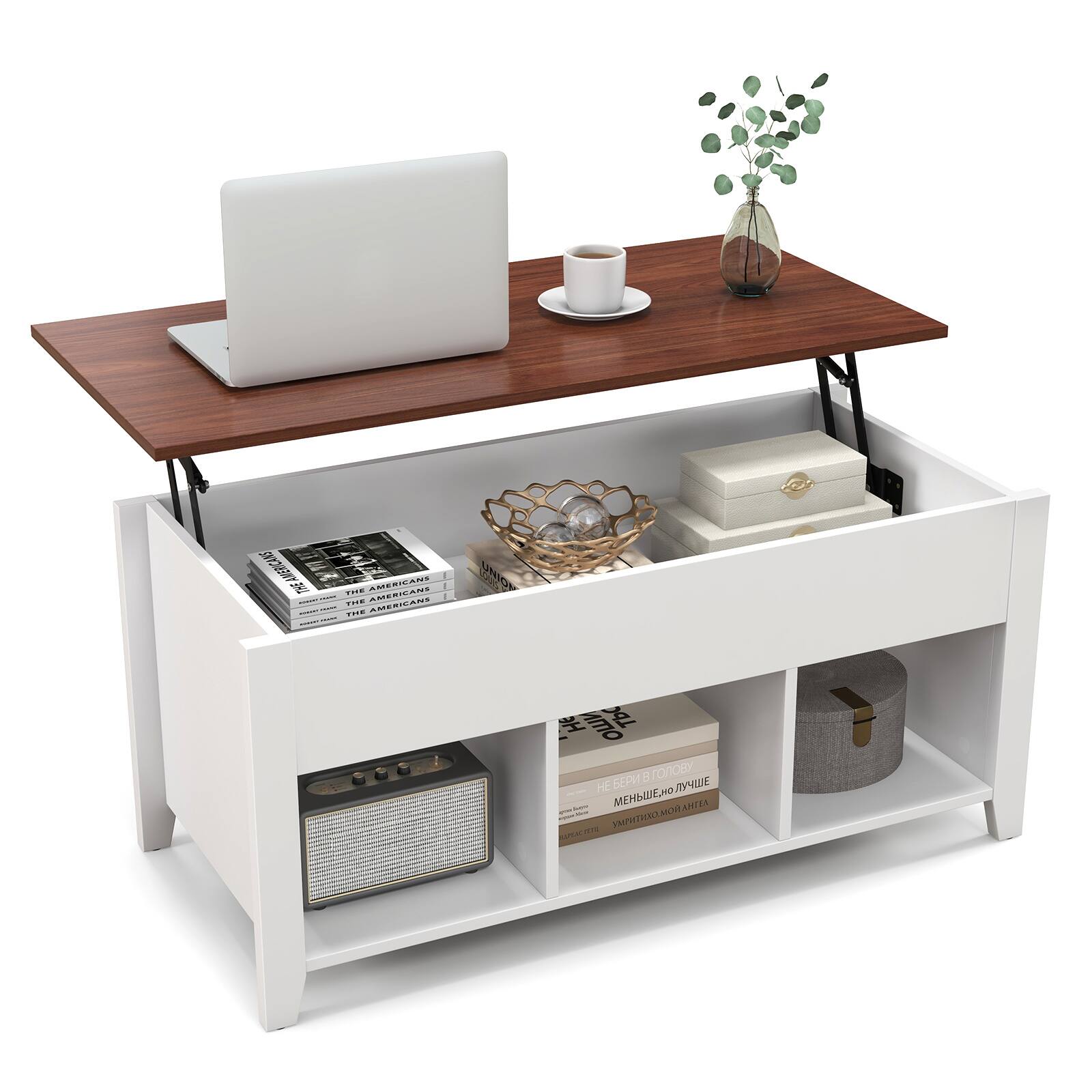 Costway - Lift Top Coffee Table w/ Hidden Compartment and Storage Shelves Modern Furniture - White