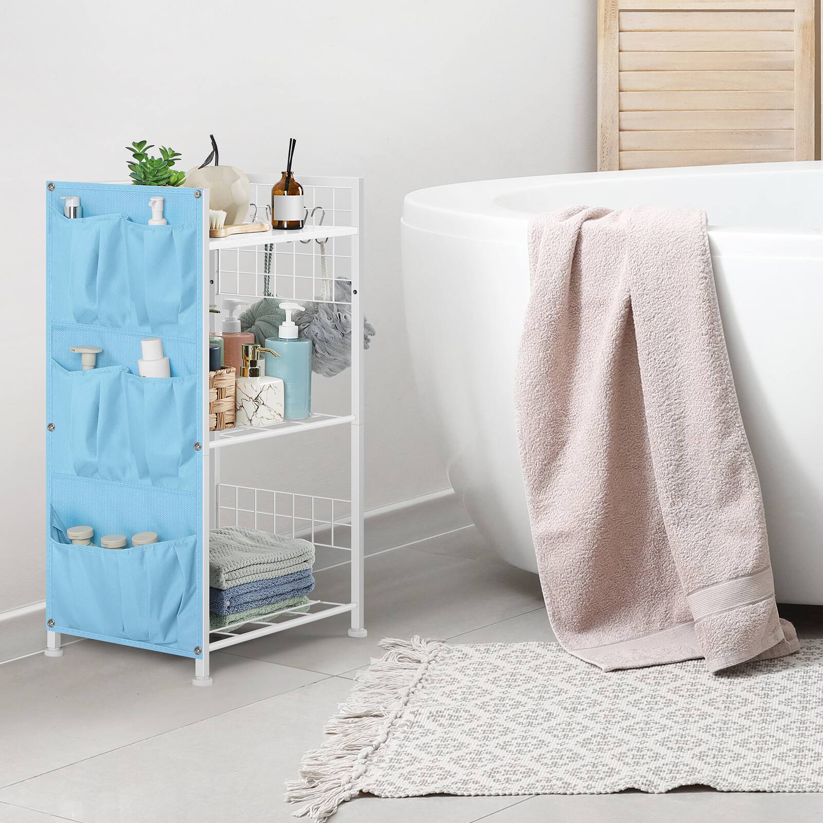 Alt View 2. Oumilen - 3-Tier Bathroom Storage Shelf with Fabric Side Pockets, Rustic Wood Top， Blue - White.