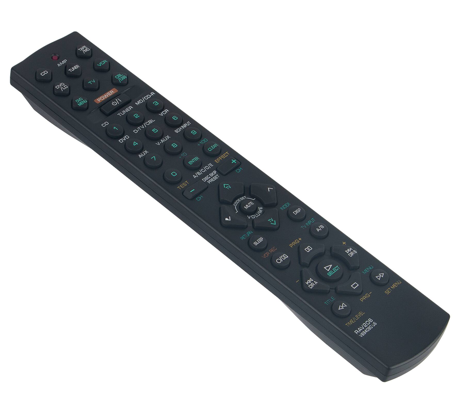 CD TAPE / MD AND VCR TUNER C / CS OVD TV AB n MEO POWER 6/ MD/CO-R TUNER 2 VCA B CO D-TV/CBL BCHINPUT 1 D-TV 5 9 DVD 4 V-AUX 100 B RASO AUX 7 10 EFFECT ENTER + A/B/C/O/E SKP CH O DISCSKP PRESET TEST 27 CH COORBEY MUTE INDEX VOLUME DSP TV INPUT A/B RETURN SLEEP PRG+ PEC 0 DEN VOA DRB o/t BELEMT MENU DD Hd DRA - MENU SET TITLE PRG- EVEL TIME 206 V6B4DB0US