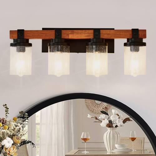 Alt View 1. LUCKY ONE - 4-Light Matte Black Wood Wall Lamp, Glass Shade Sconce for Bathroom or Bedroom Wall Mount - Matte Black,Wood.
