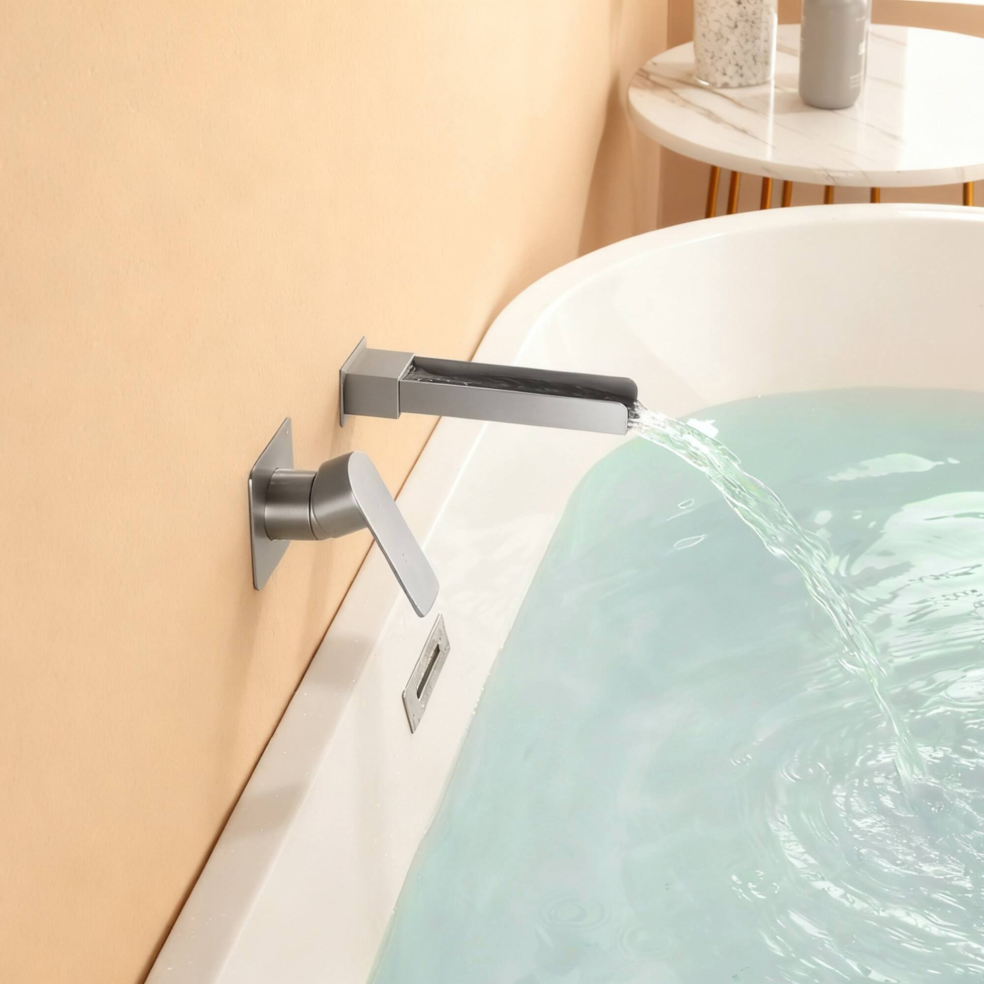 Alt View 1. Boyel Living - Brushed Nickel Wall Mounted Basin Faucet Solid Brass Single Handle Waterfall Spout 1/2NPT - Silver.