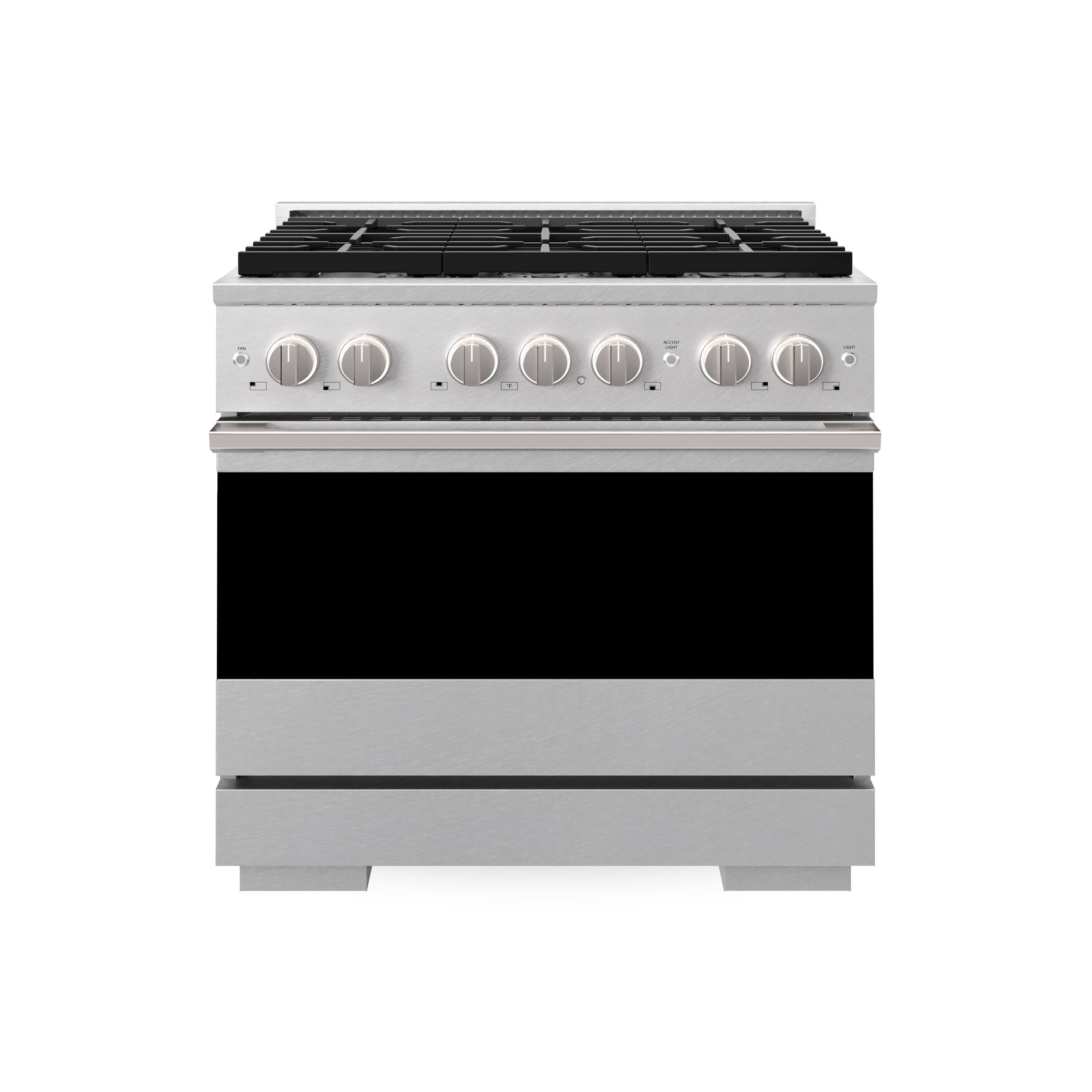 Front. ZLINE - 36 in. 5.2 cu. ft. Marino Freestanding Gas Range with 6 Burner Cooktop and Manual Clean Convection Gas Oven - Satin Stainless Steel.