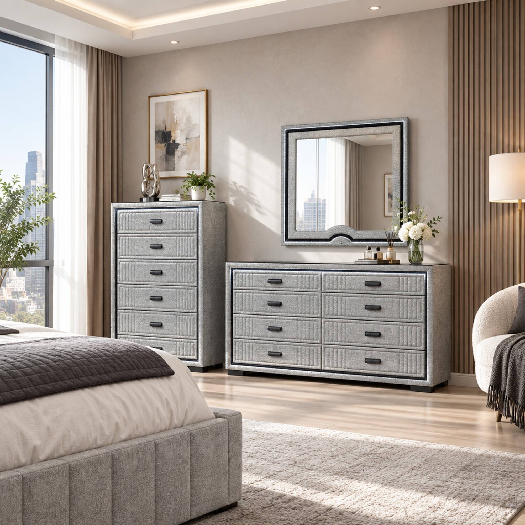 Angle. RYHNUYNE - Gray Upholstered Dresser Mirror, Large Rectangular Frame, LED Lit, Attaches to Dresser - Gray.