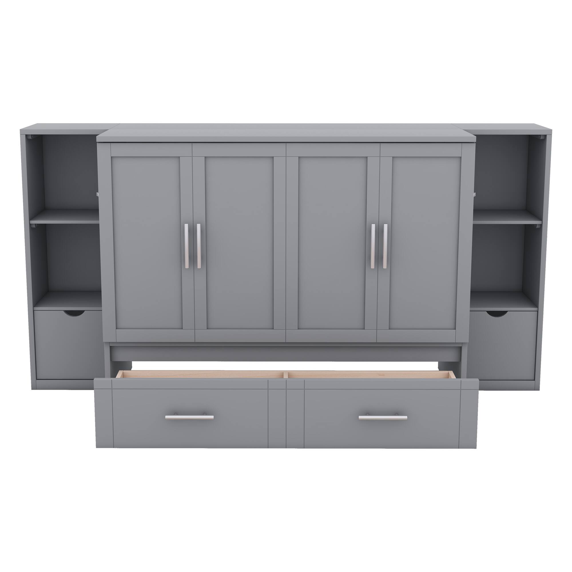 Alt View 5. Tiramisubest - Full Size Gray Murphy Bed with Shelves, Drawers, USB Ports, 93x76x44 inches, Space-saving - Gray.