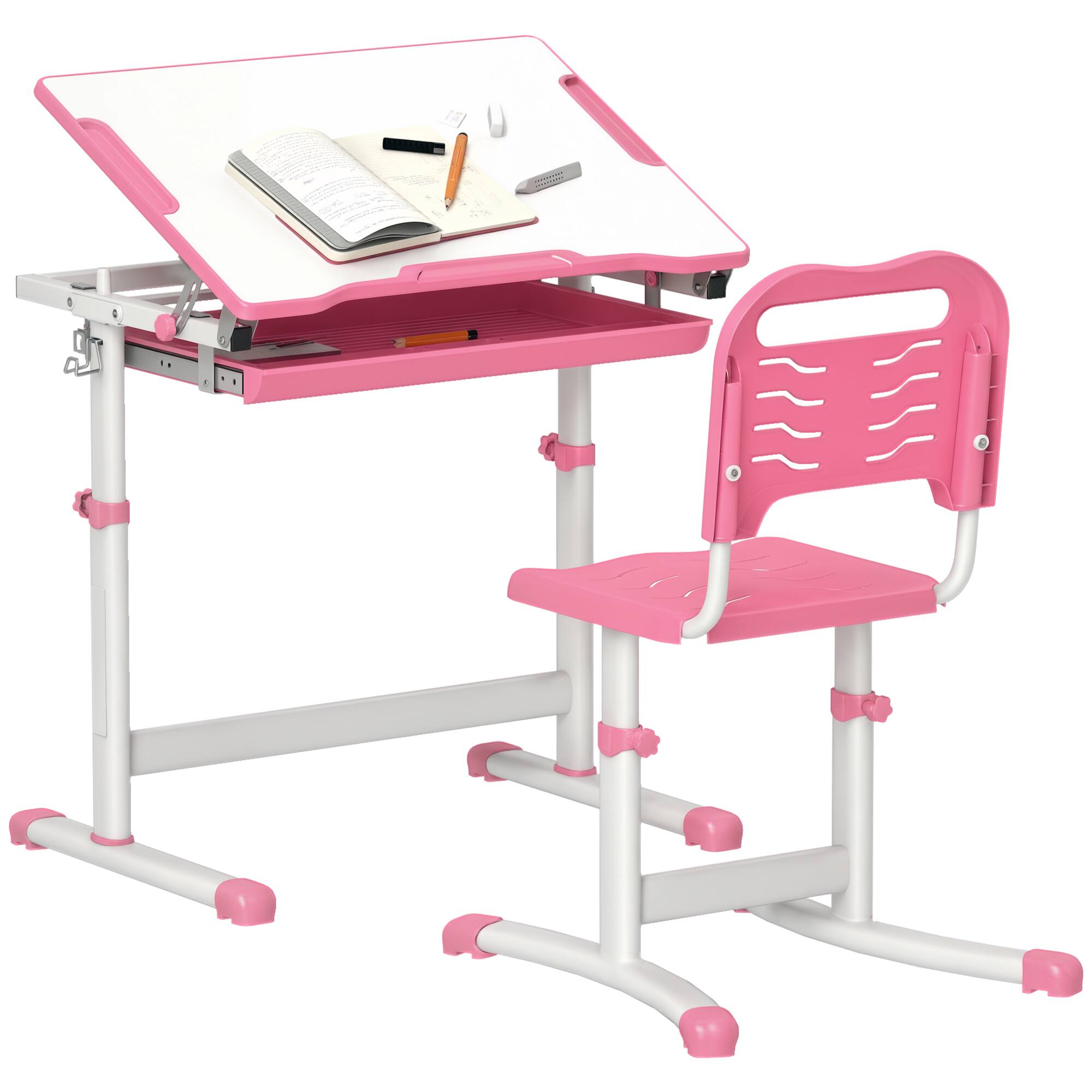Qaba - Kids Desk and Chairs Set, Height Adjustable, Children School Study Desk, Tilt Desktop, Storage Drawer, Pen Slot - Pink