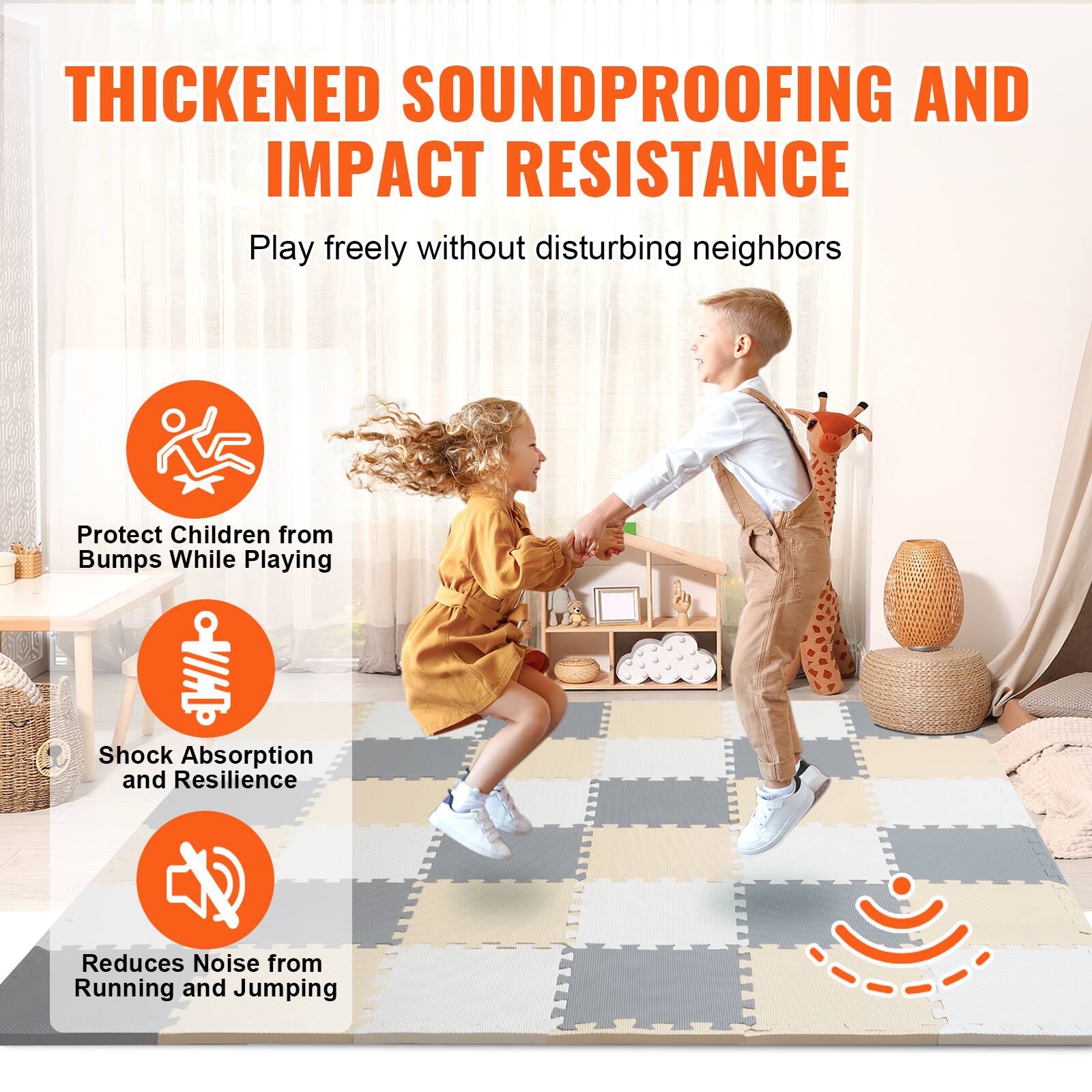 THICKENED SOUNDPROOFING AND IMPACT RESISTANCE

Play freely without disturbing neighbors

Protect Children from Bumps While Playing

Shock Absorption and Resilience

Reduces Noise from Running and Jumping
