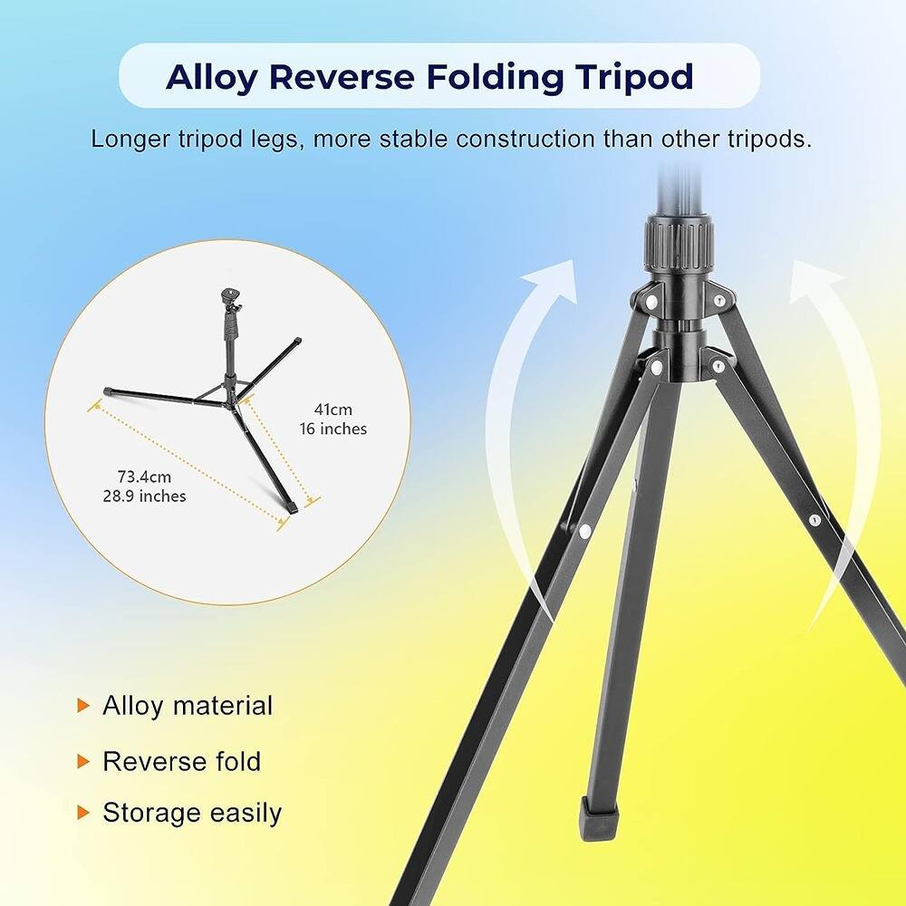 Alloy Reverse Folding Tripod

Longer tripod legs, more stable construction than other tripods.

- Alloy material
- Reverse fold
- Storage easily

41cm 16 inches  
73.4cm 28.9 inches