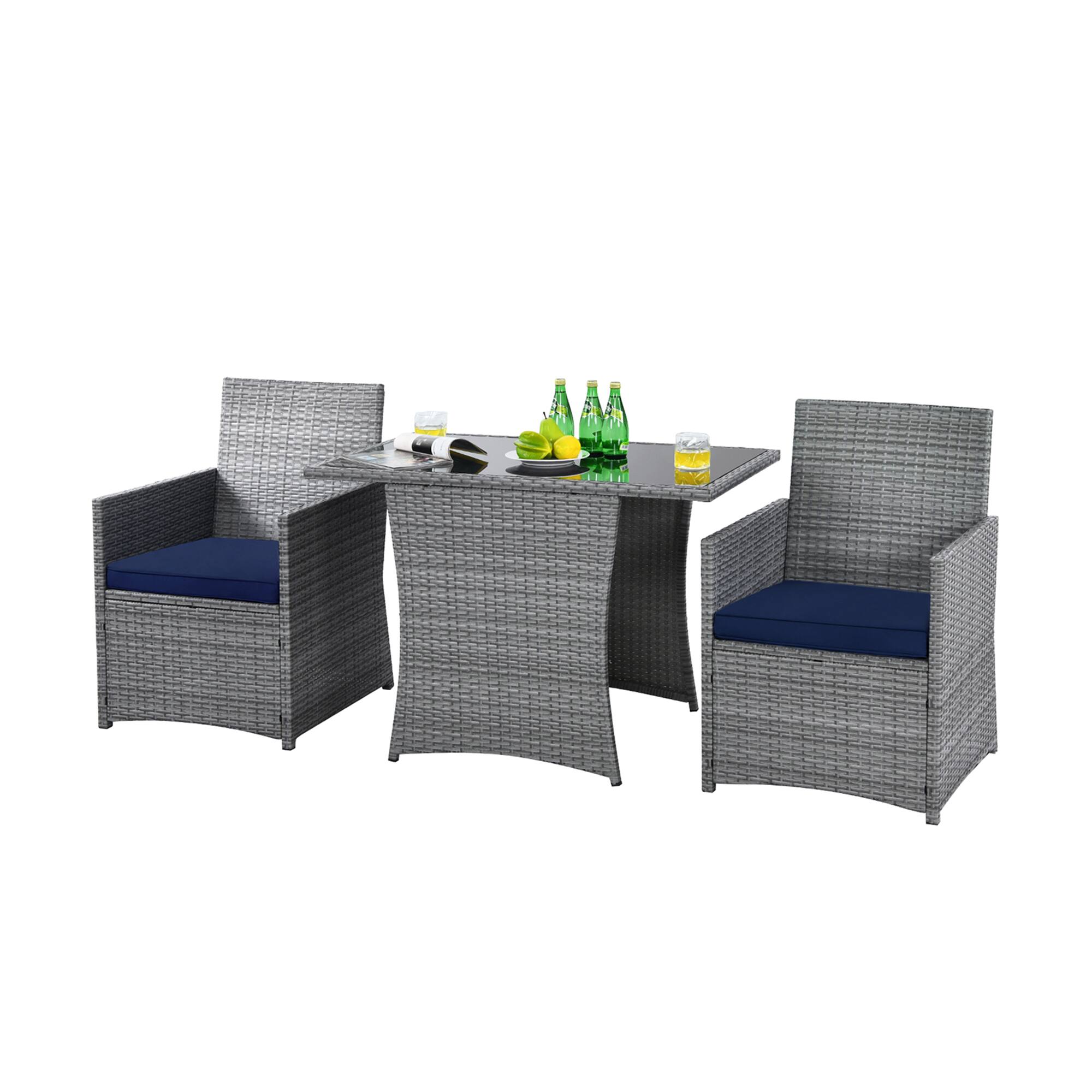 Alt View 1. Gymax - Gymax 3PCS Outdoor Rattan Conversation Set Patio Dining Table Set w/ Navy Cushions - Navy.