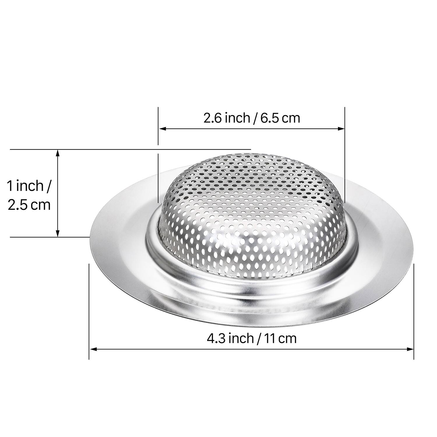 2.6 inch / 6.5 cm, 1 inch / 2.5 cm, 4.3 inch / 11 cm