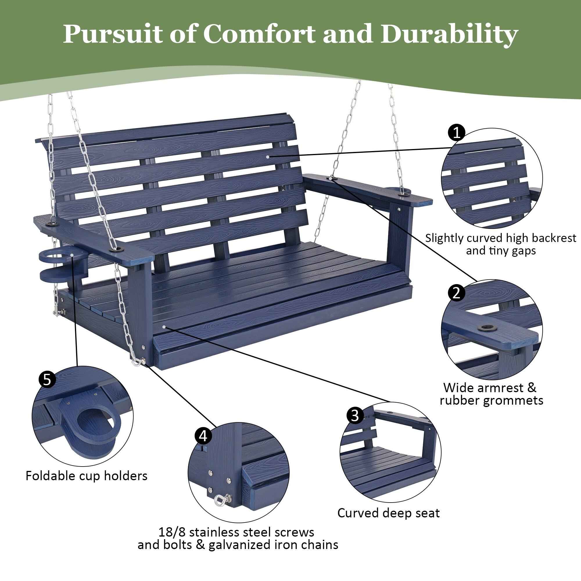 Pursuit of Comfort and Durability

1. Slightly curved high backrest and tiny gaps
2. Wide armrest & rubber grommets
3. Curved deep seat
4. 18/8 stainless steel screws and bolts & galvanized iron chains
5. Foldable cup holders
