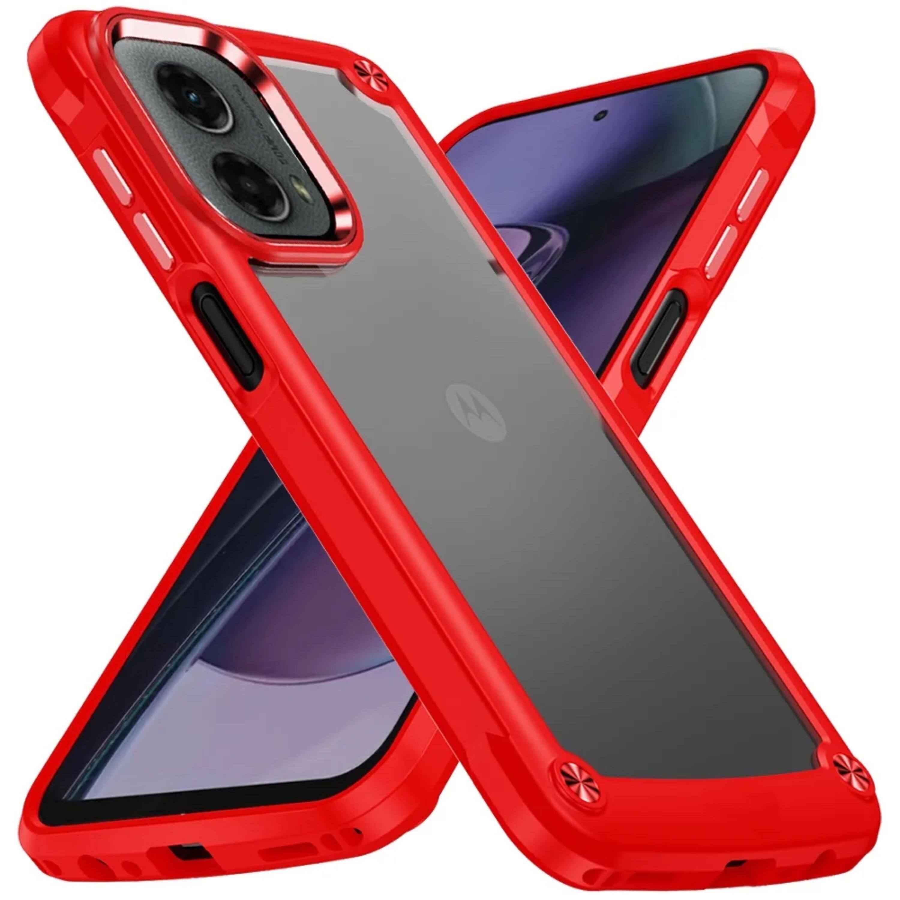 Angle. Kitcheniva - Premium Hybrid Clear Back Metal Button Case With Tempered Glass For Moto G Stylus 2024 Red - Red.