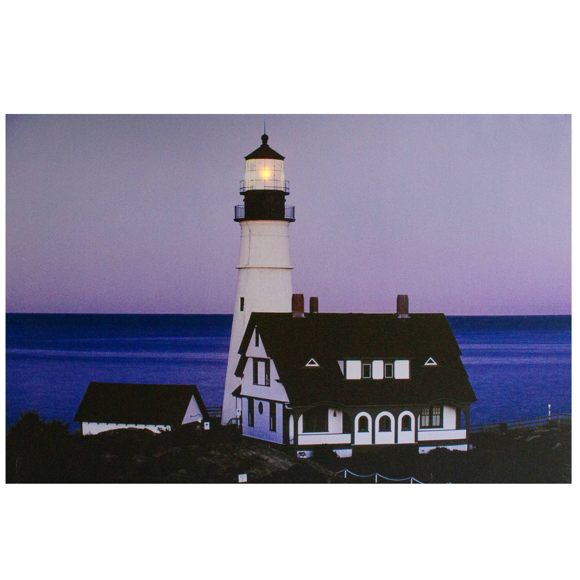 Front. Northlight - LED Lighted Dusk Lighthouse Seaside Scene Canvas Wall Art 15.75" x 23.75" - Blue.