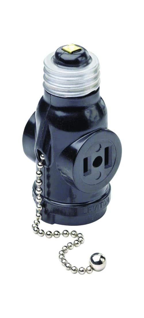 Leviton - 660W 125V Two-Outlet Pull-Chain Socket Adapter Model 1406 - Black