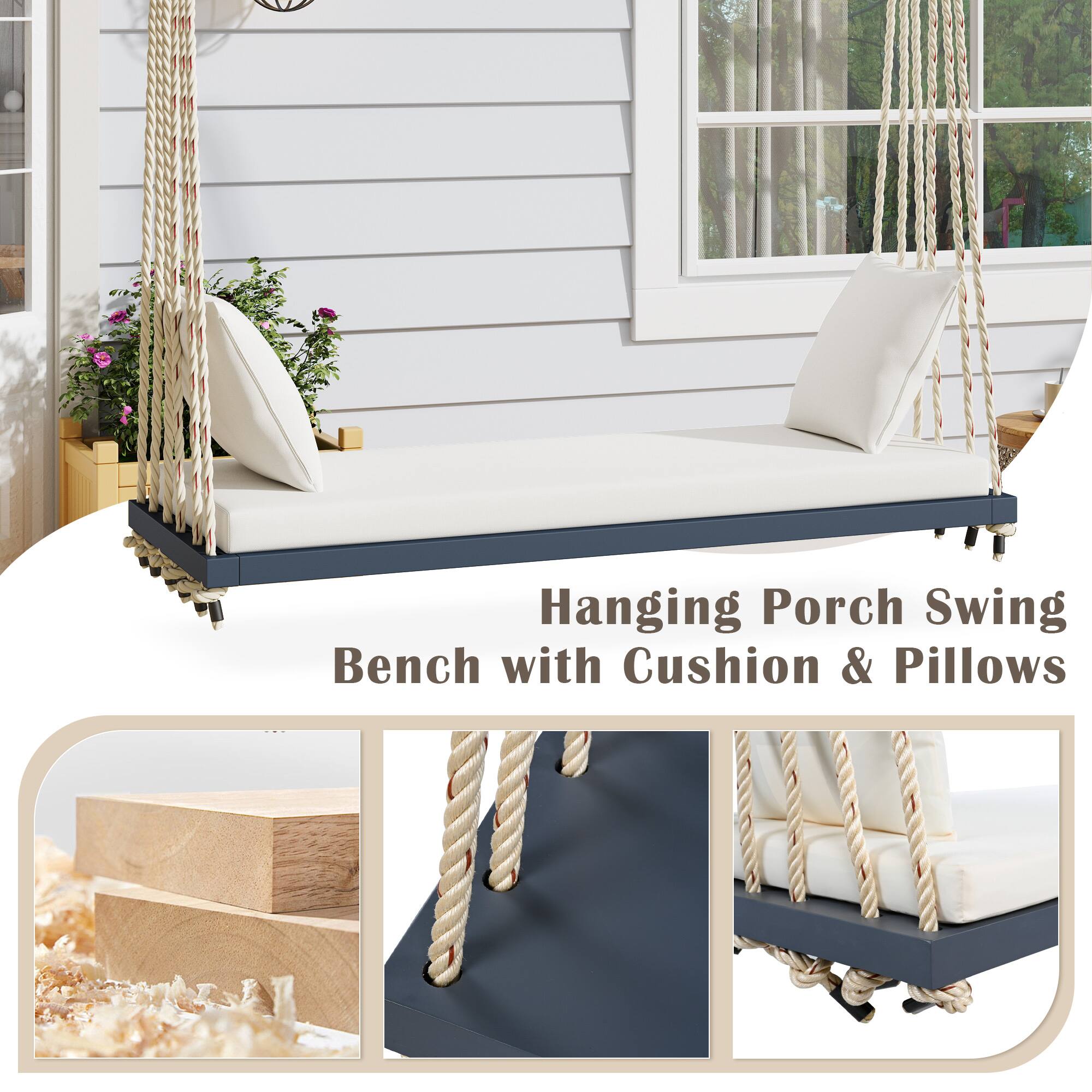 Hanging Porch Swing Bench with Cushion & Pillows