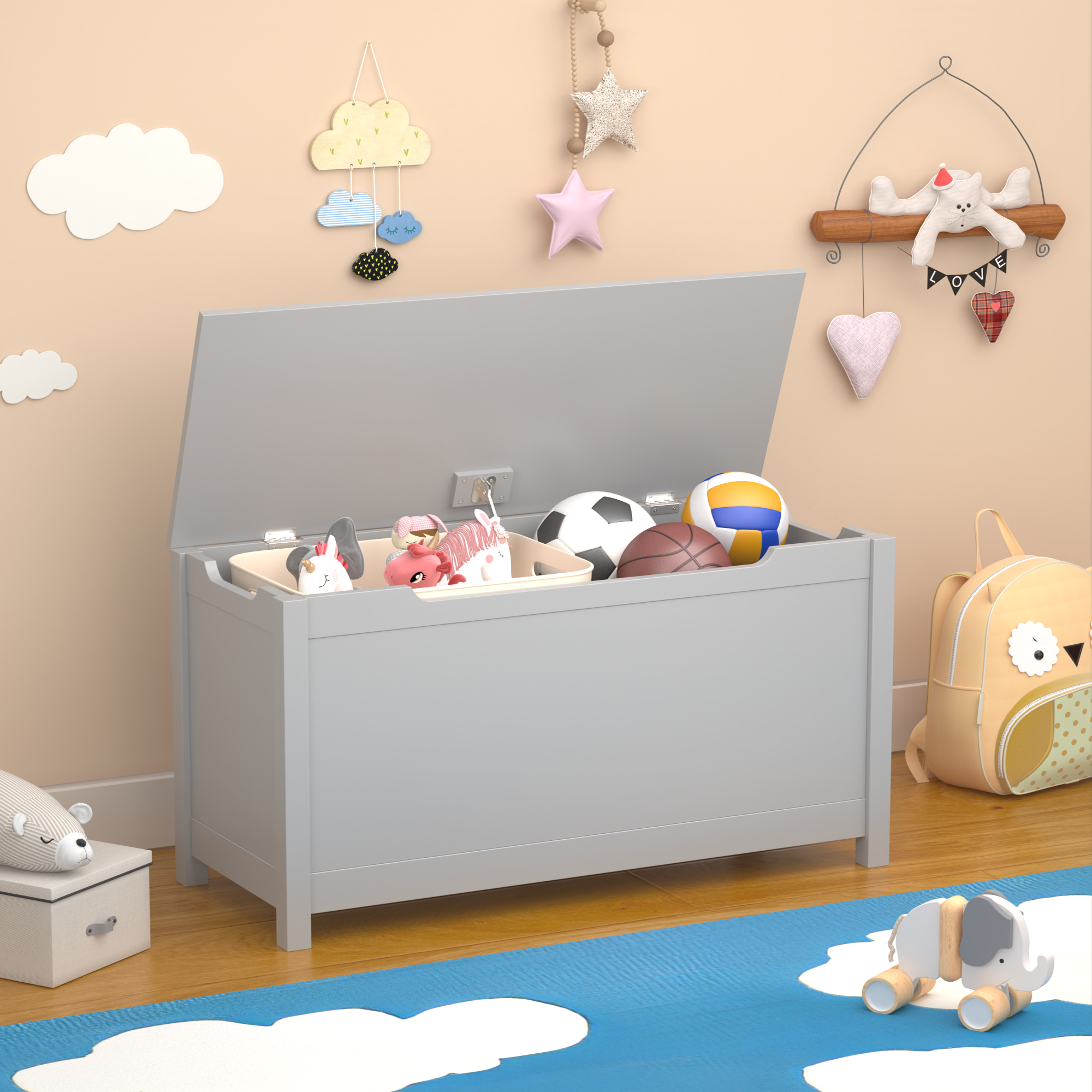 Z-Edge - Kids Storage Bench, Wooden Toy Box Chest, Large Storage Cabinet with Safety Hinge for Playroom, Living Room or Entryway - Gray