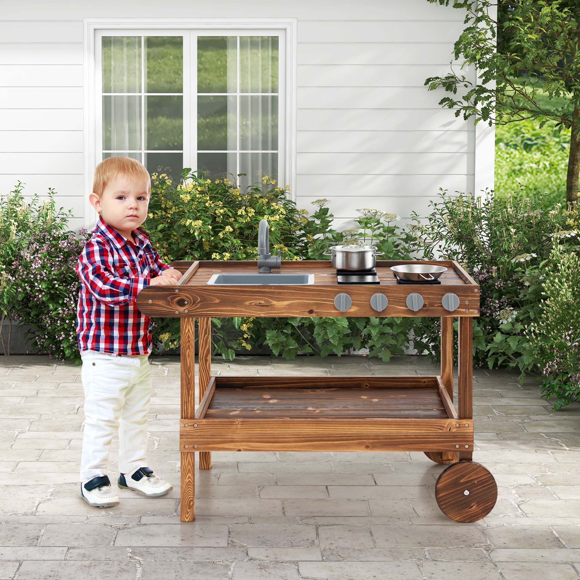 Alt View 1. Costway - Costway Kids Wooden Mud Play Kitchen Cart with Sink, 4 Stoves & Storage Shelf Natural - Natural.