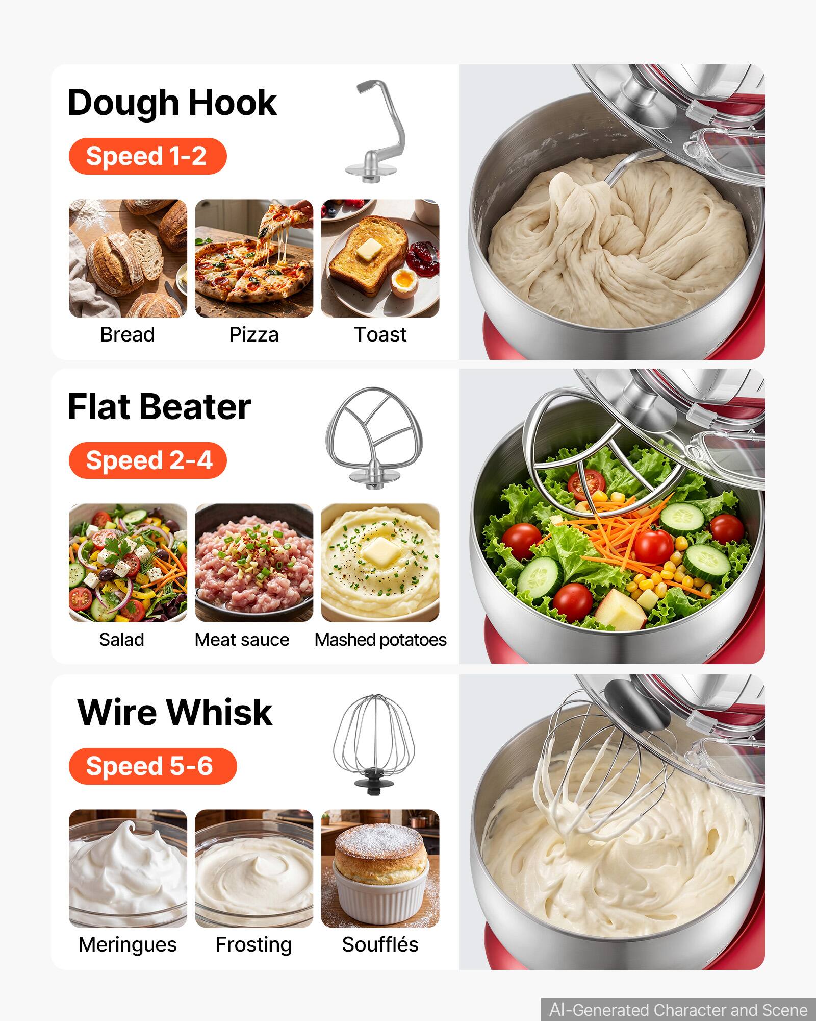 Dough Hook  
Speed 1-2  
Bread  
Pizza  
Toast  

Flat Beater  
Speed 2-4  
Salad  
Meat sauce  
Mashed potatoes  

Wire Whisk  
Speed 5-6  
Meringues  
Frosting  
Soufflés  

AI-Generated Character and Scene