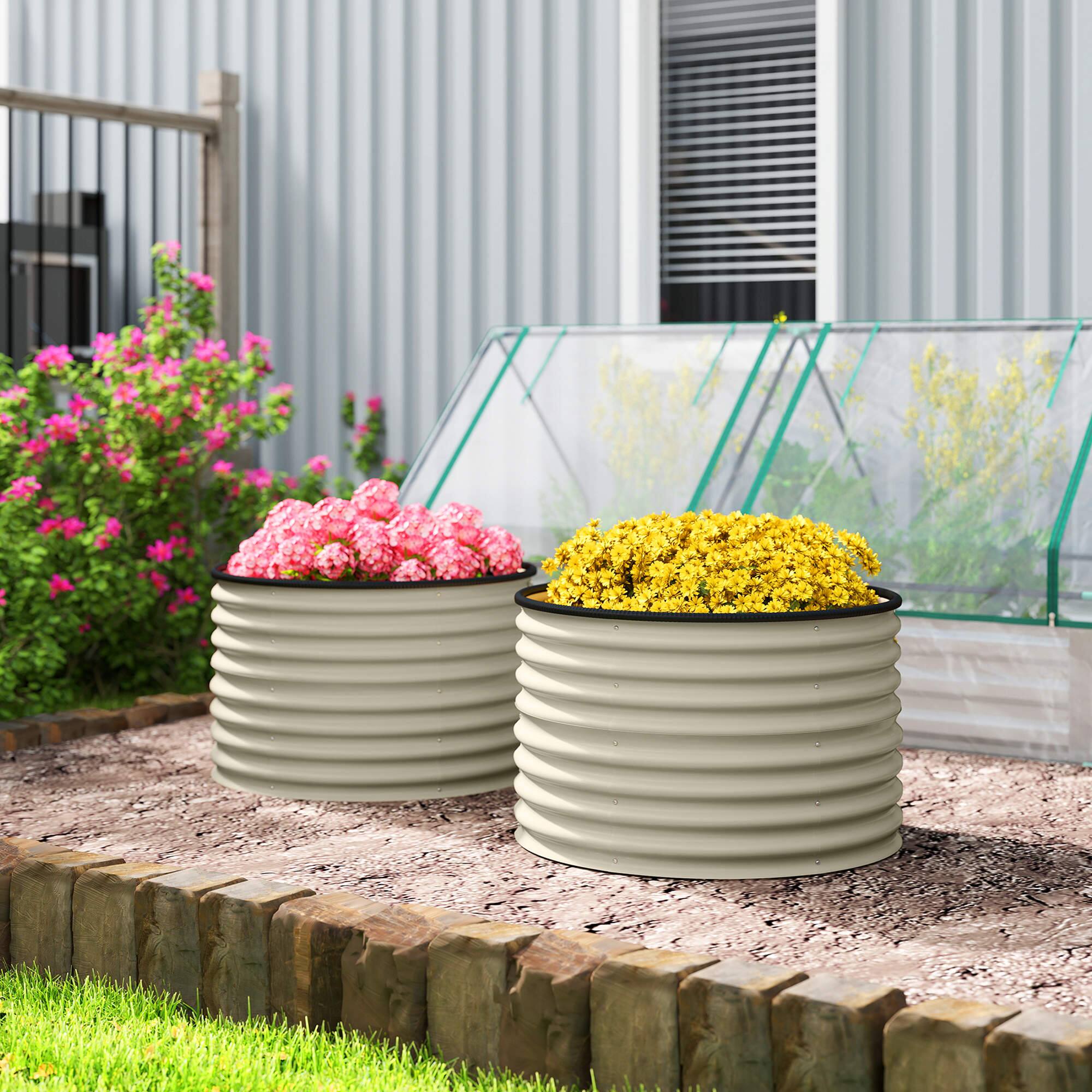 Alt View 1. Outsunny - Galvanized Raised Garden Bed Set of 2, Planters for Outdoor Plants with Safety Edging - Cream White.