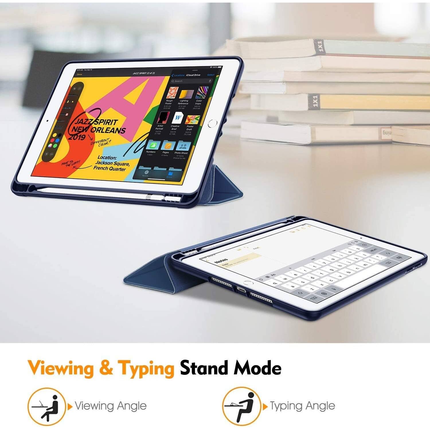 The image shows a tablet computer in a stand mode, with a keyboard and a book nearby. The tablet is placed on a stand, which allows for a better viewing angle and typing angle. The stand mode is designed to provide a comfortable and ergonomic experience for the user. The book is placed next to the tablet, suggesting that the user might be using it for reference or reading purposes. The overall scene suggests a productive and organized workspace.