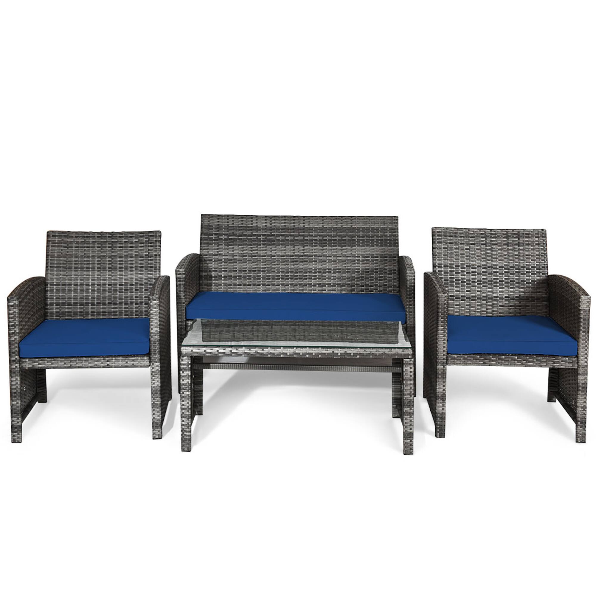 Alt View 9. Gymax - Gymax 4PCS Patio Outdoor Rattan Conversation Furniture Set w/ Navy Cushion - Navy.