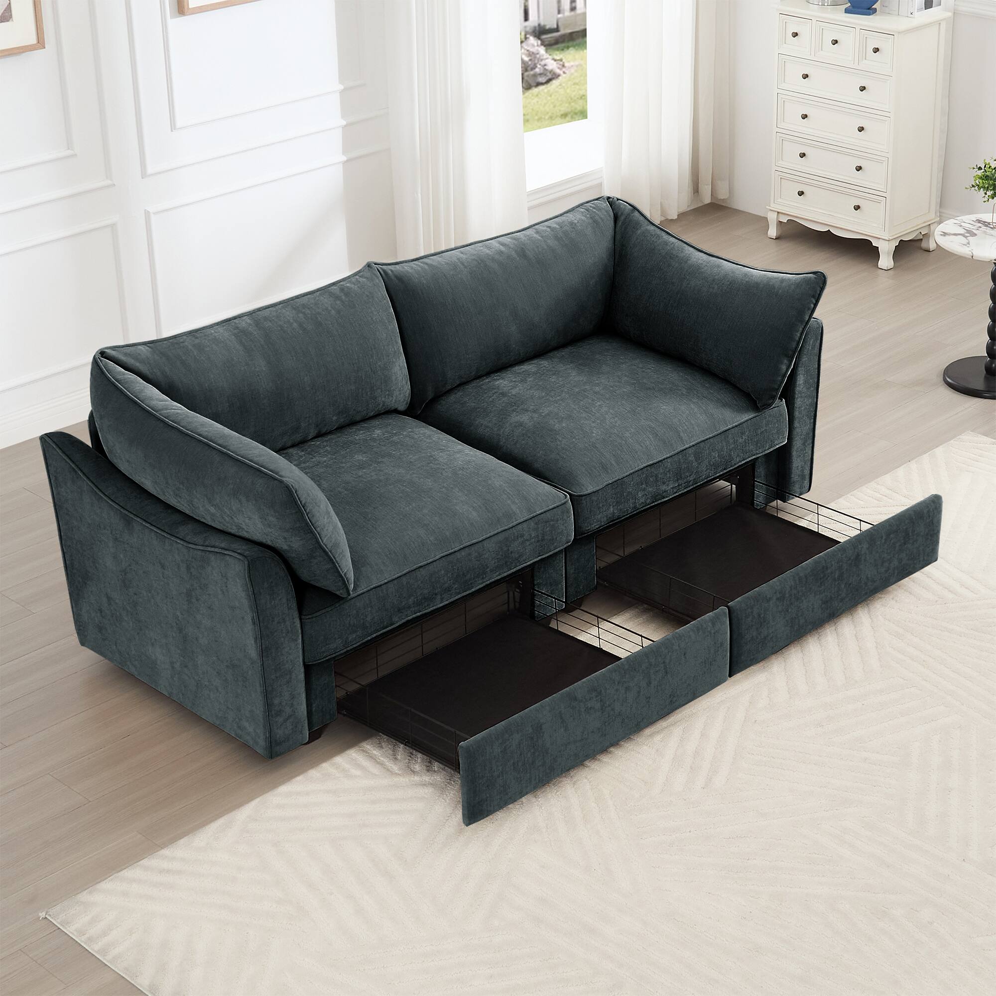 Left. Aukfa - 2-Seater Sofa with Pull-Out Storage Drawers - Crescent-Shaped Armrests, Chenille Fabric, Wraparound Cushions - Gray.