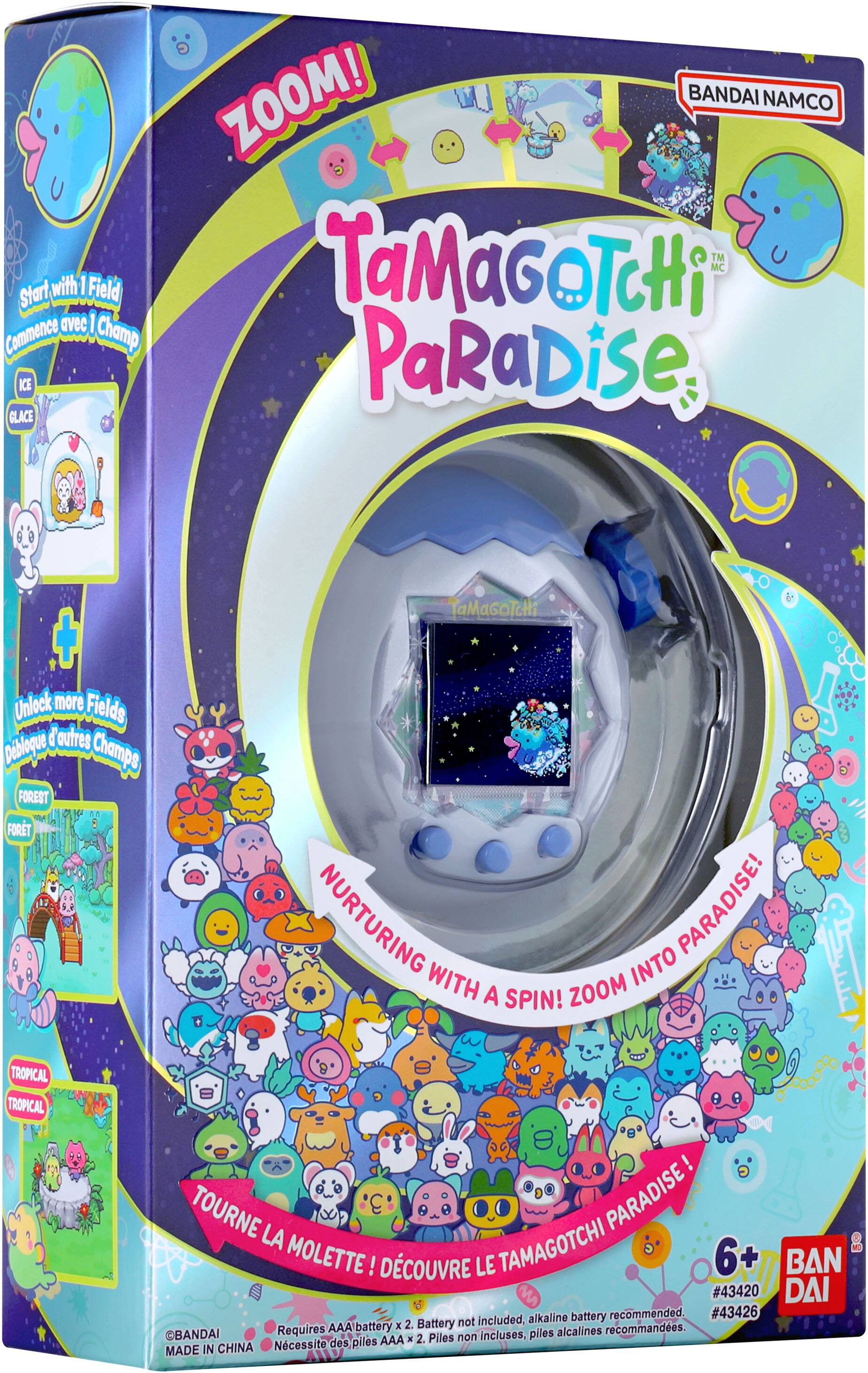 Start with 1 Field: Commence avec 1 Champ ICE GLACE ZOOM! BANDAI NAMCO TM TaMaGoTcHi MC PaRaDise. Unlock more Fields: Débloque d'autres Champs FOREST FORT TaMaGOTcHi NURTURING PARADISE! WITH INTO A SPIN! ZOOM TROPICAL TROPICAL TOURNE PARADISE! LA TAMAGOTCHI MOLETTE ! DCOUVRE LE 6+ BAN MA #43420 DAI alkaline battery recommended #43426 x 2. Battery not included, Requires AAA battery alcalines recommandes. BANDAI AAA x 2. Piles non incluses, piles IN CHINA Necessito des piles MADE
