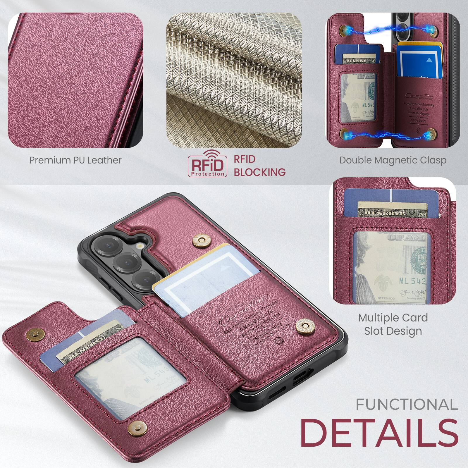 Premium PU Leather RFID Protection BLOCKING Double Magnetic Clasp Multiple Card Slot Design FUNCTIONAL DETAILS