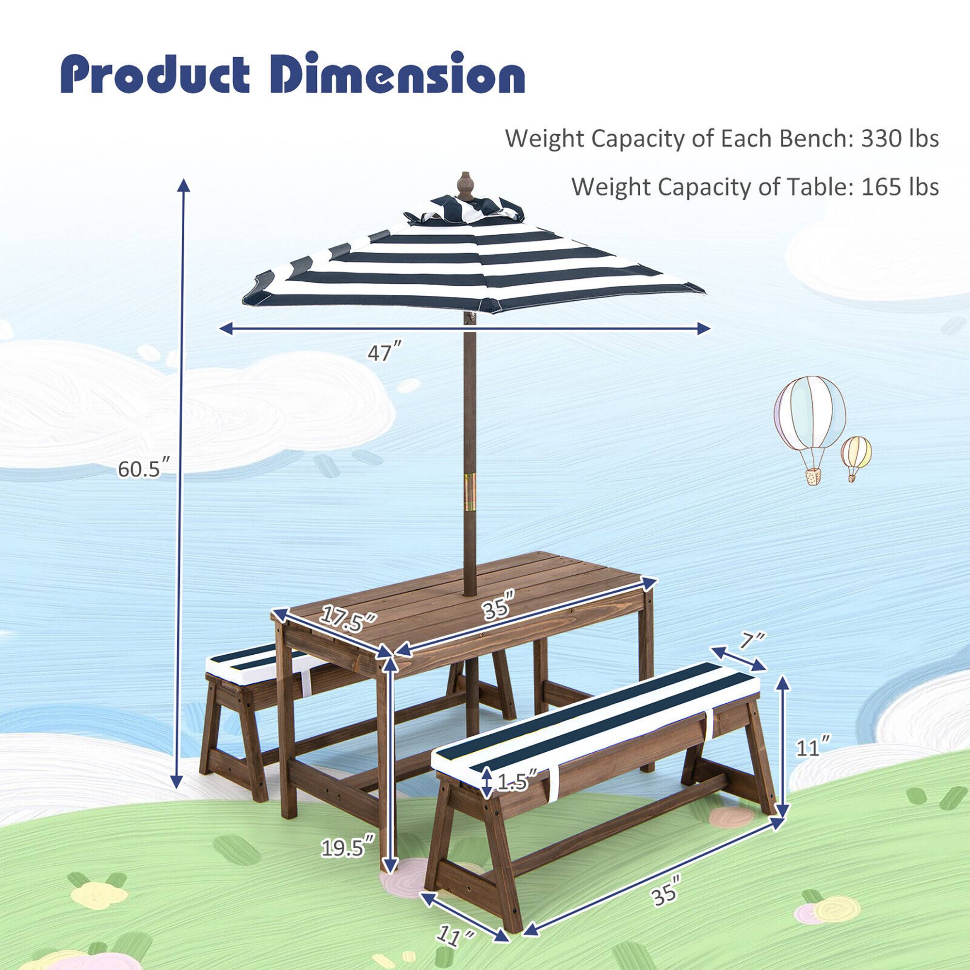 Product Dimension  
Weight Capacity of Each Bench: 330 lbs  
Weight Capacity of Table: 165 lbs  

47"  
60.5"  
17.5"  
35"  
7"  
1.5"  
11"  
19.5"  
11"  
35"