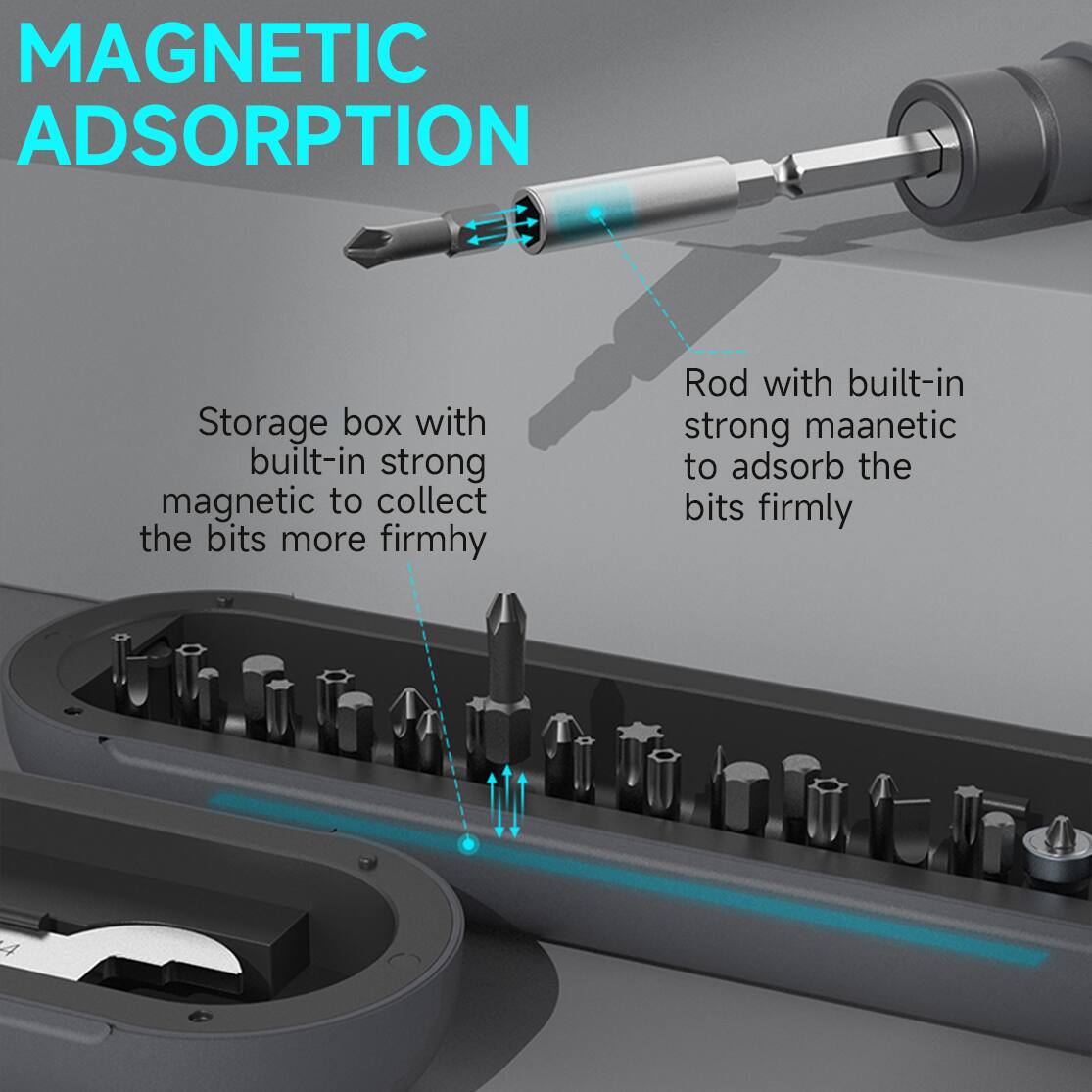 MAGNETIC ADSORPTION

Storage box with built-in strong magnetic to collect the bits more firmly

Rod with built-in strong magnetic to adsorb the bits firmly