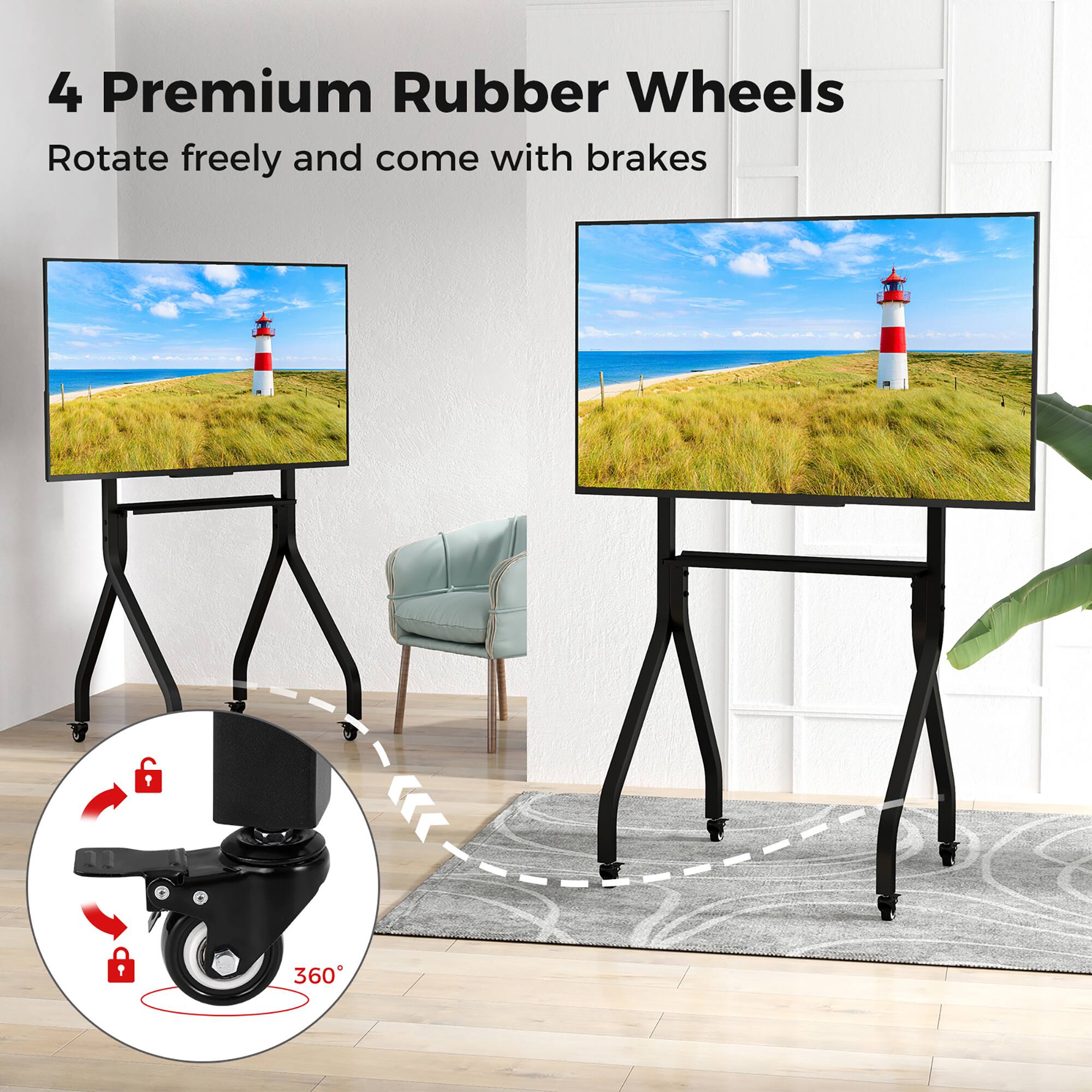 4 Premium Rubber Wheels  
Rotate freely and come with brakes