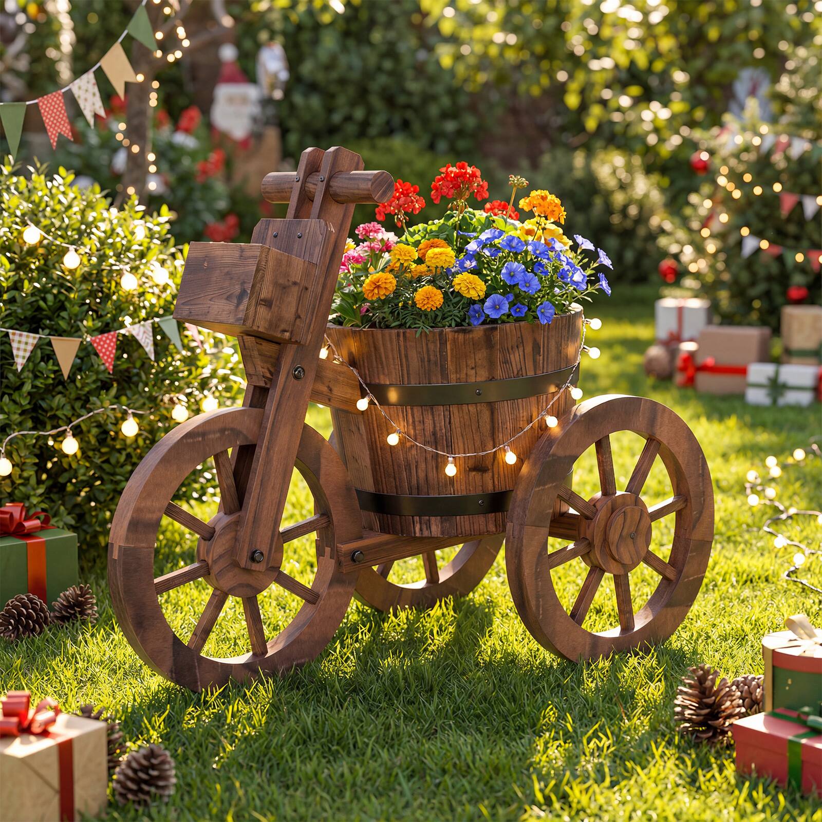 Alt View 4. Gymax - Gymax Rustic Wood Tricycle Planter w/Barrel Pot & Storage Box for Patio Balcony Garden - Brown.